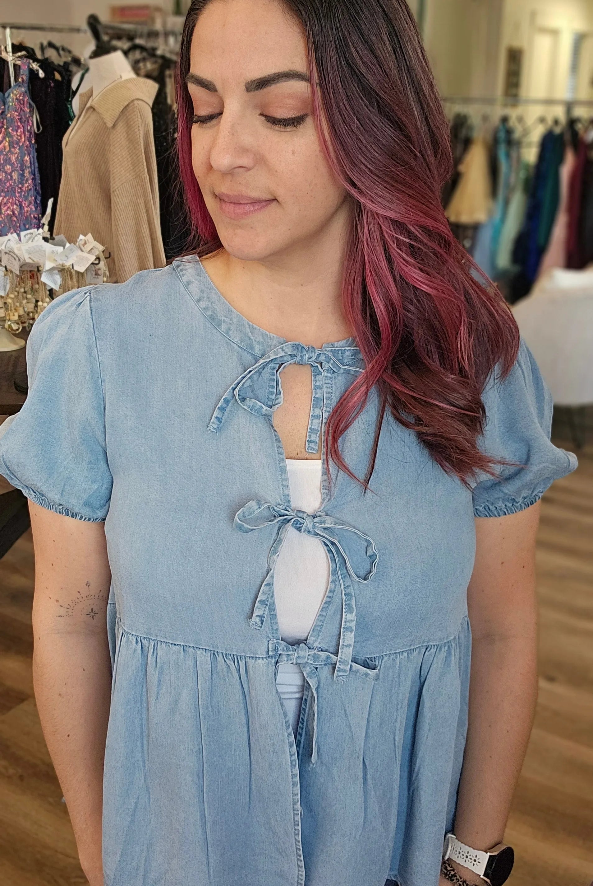 Shop Tie Detail Tencel Peplum Top-Small at Ruby Joy Boutique, a Women's Clothing Store in Pickerington, Ohio