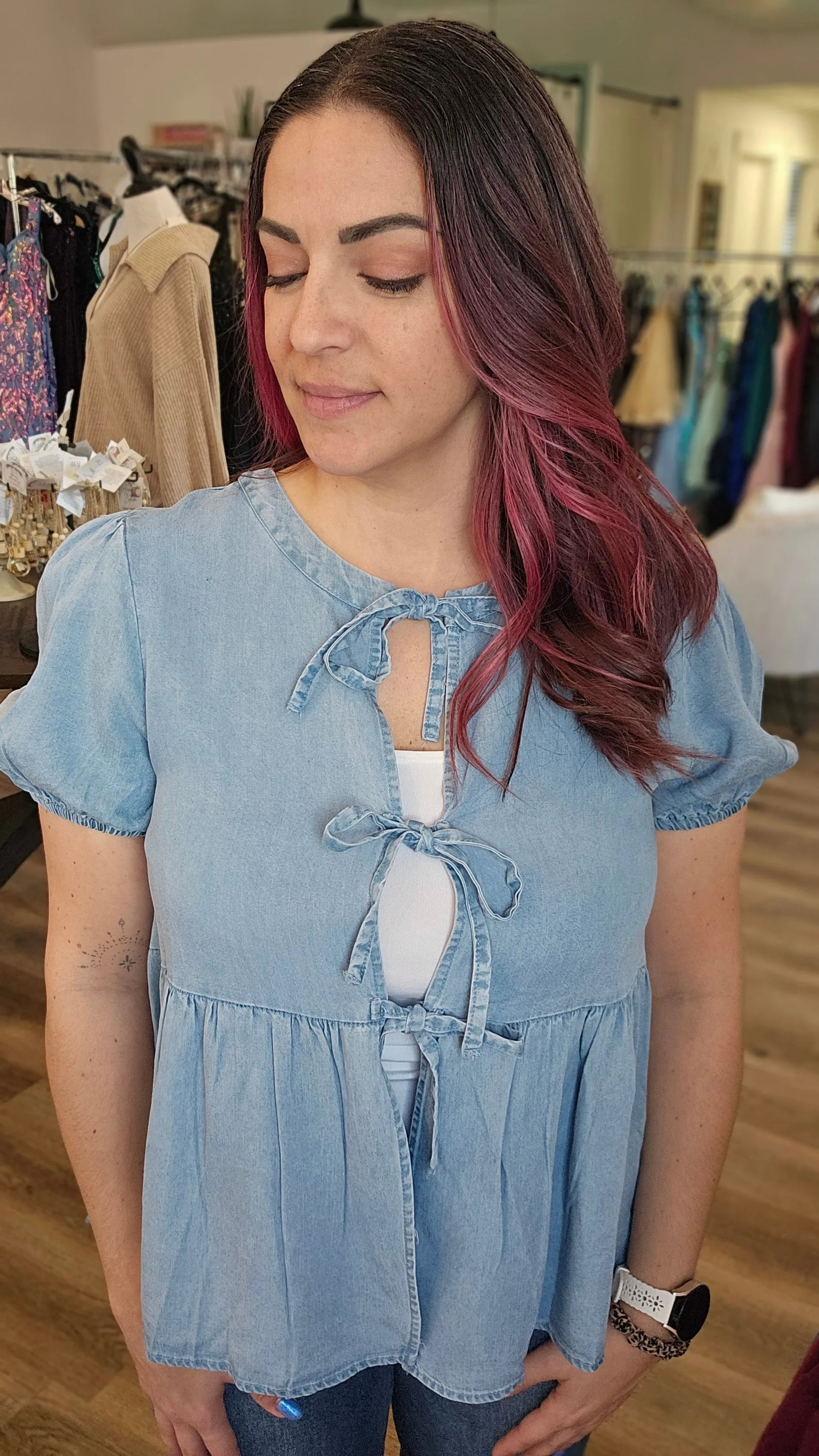 Shop Tie Detail Tencel Peplum Top-Small at Ruby Joy Boutique, a Women's Clothing Store in Pickerington, Ohio