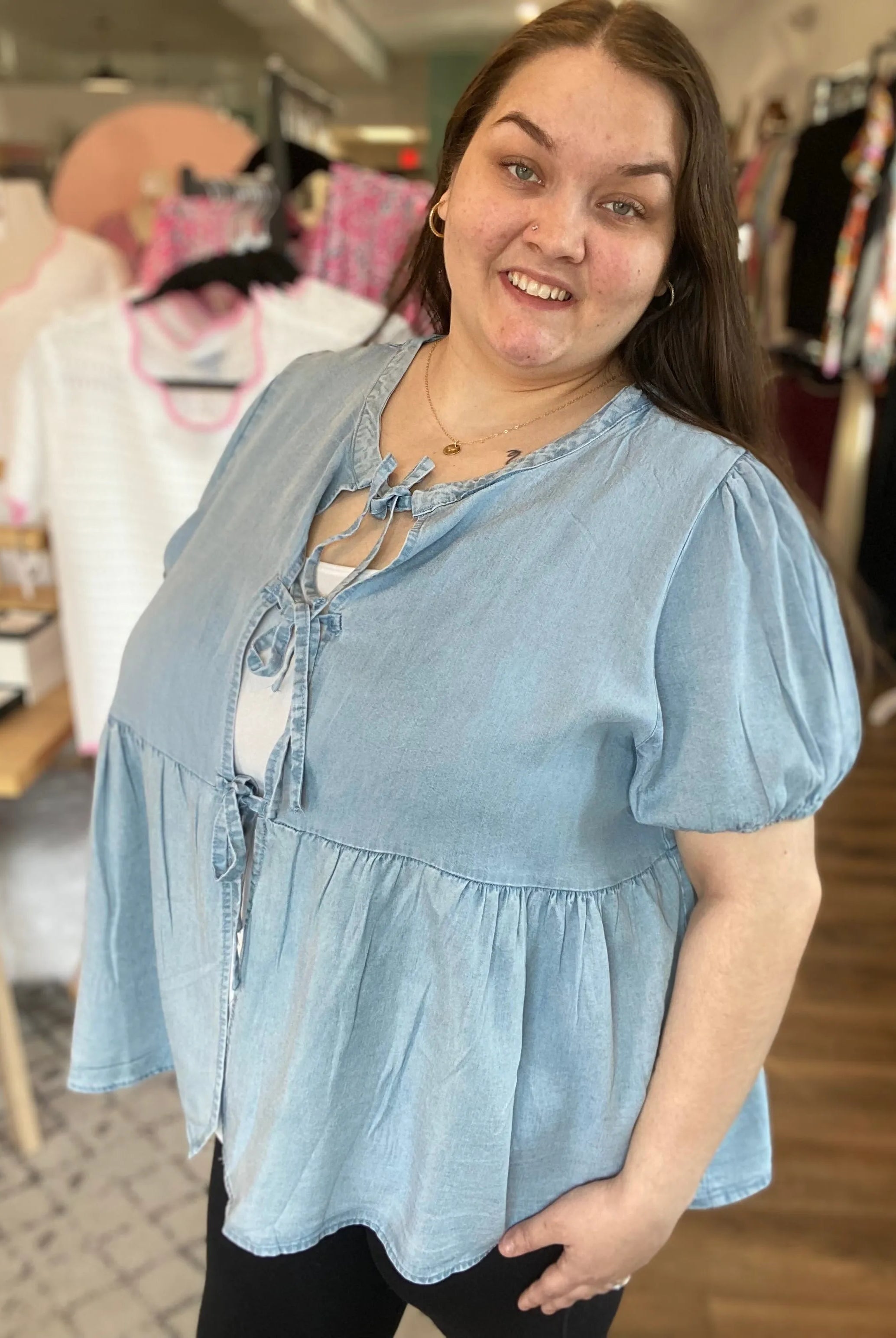 Shop Tie Detail Tencel Peplum Top- at Ruby Joy Boutique, a Women's Clothing Store in Pickerington, Ohio