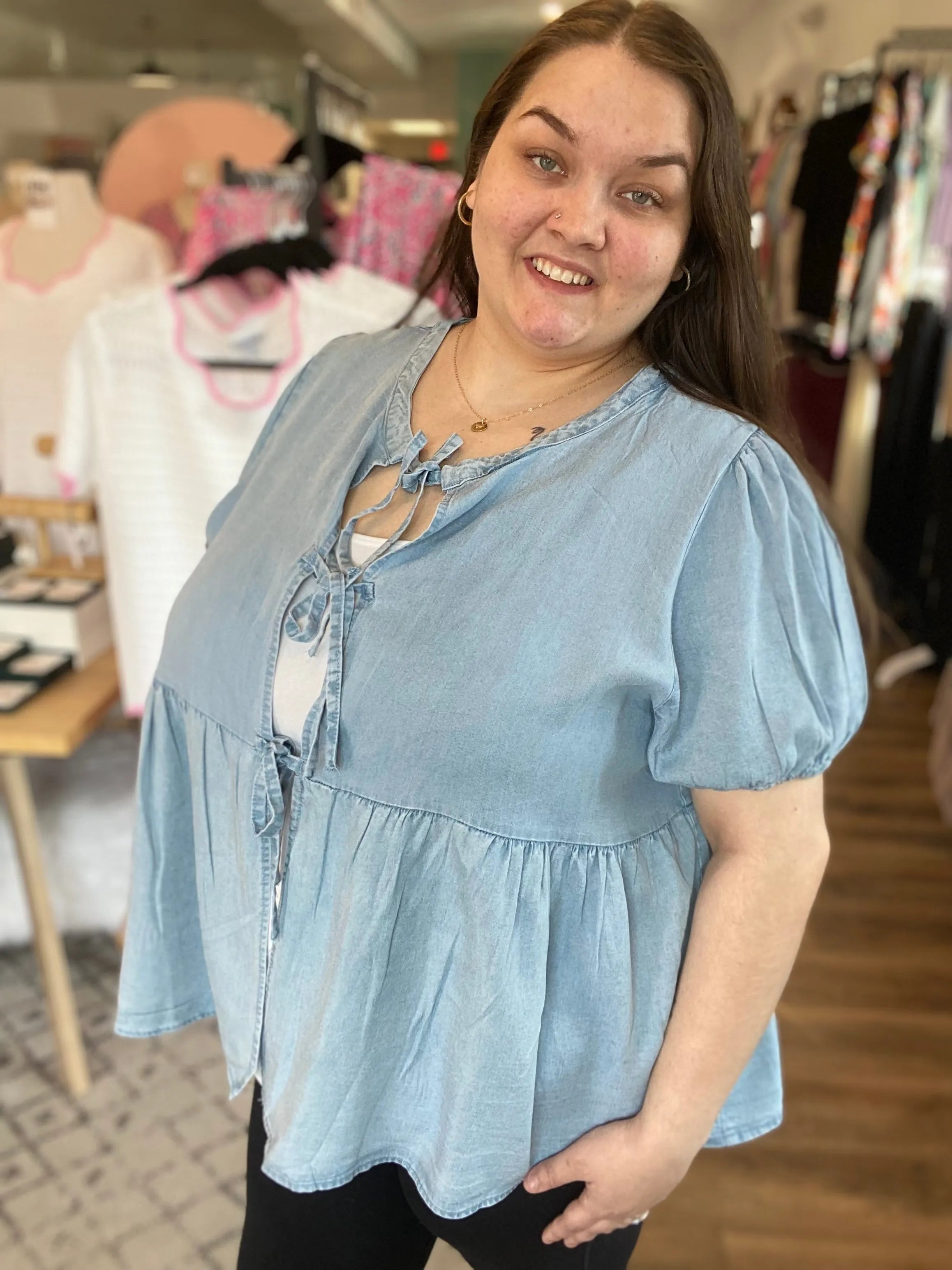 Shop Tie Detail Tencel Peplum Top- at Ruby Joy Boutique, a Women's Clothing Store in Pickerington, Ohio