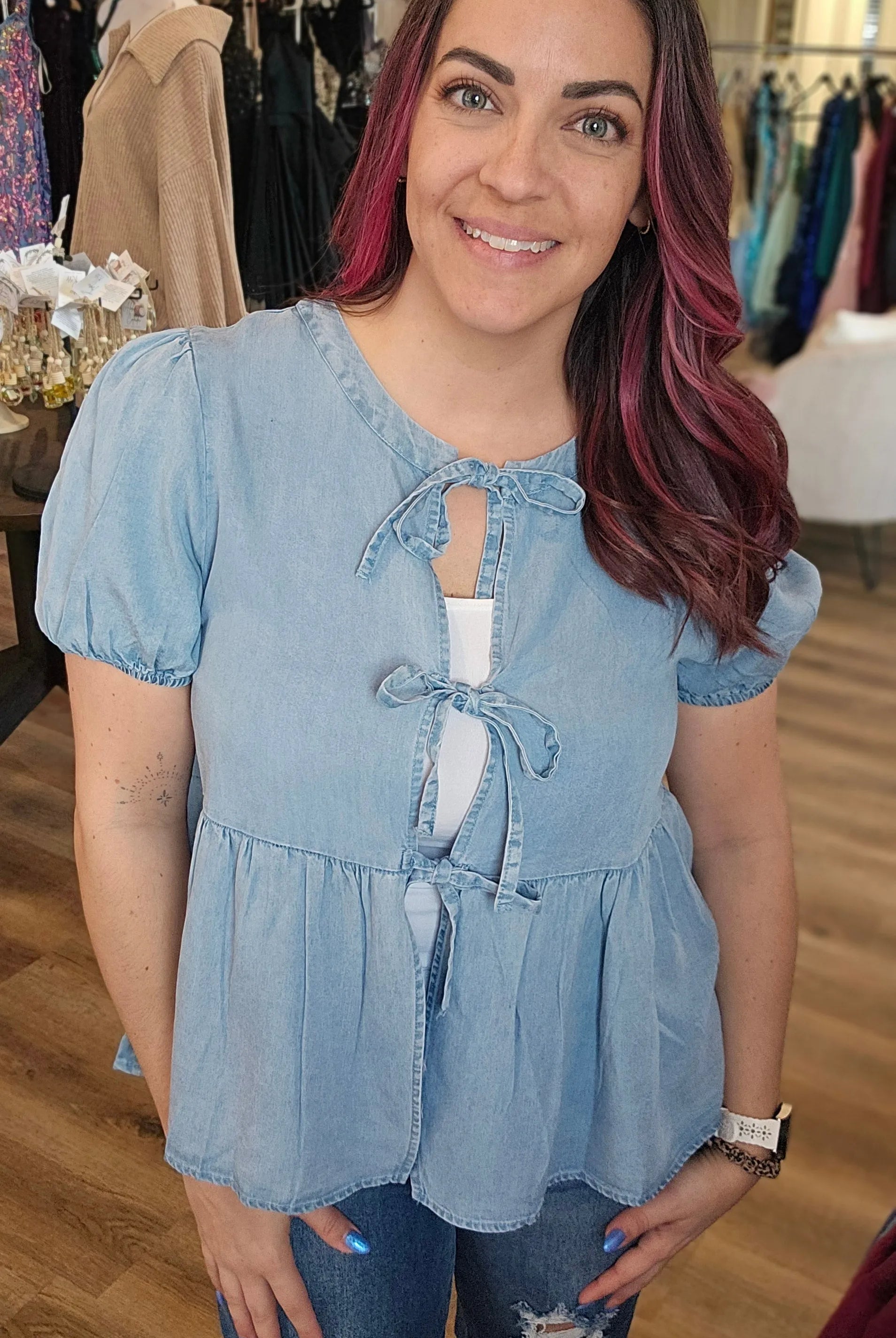 Shop Tie Detail Tencel Peplum Top- at Ruby Joy Boutique, a Women's Clothing Store in Pickerington, Ohio