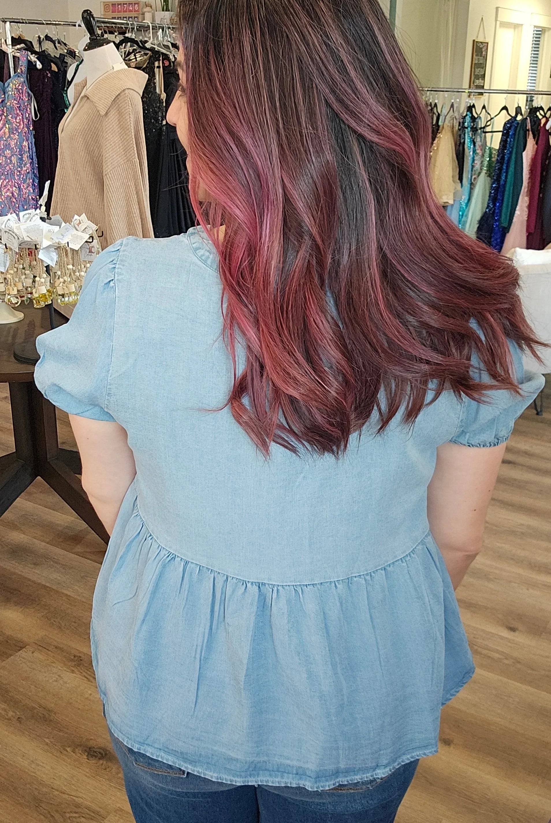 Shop Tie Detail Tencel Peplum Top- at Ruby Joy Boutique, a Women's Clothing Store in Pickerington, Ohio