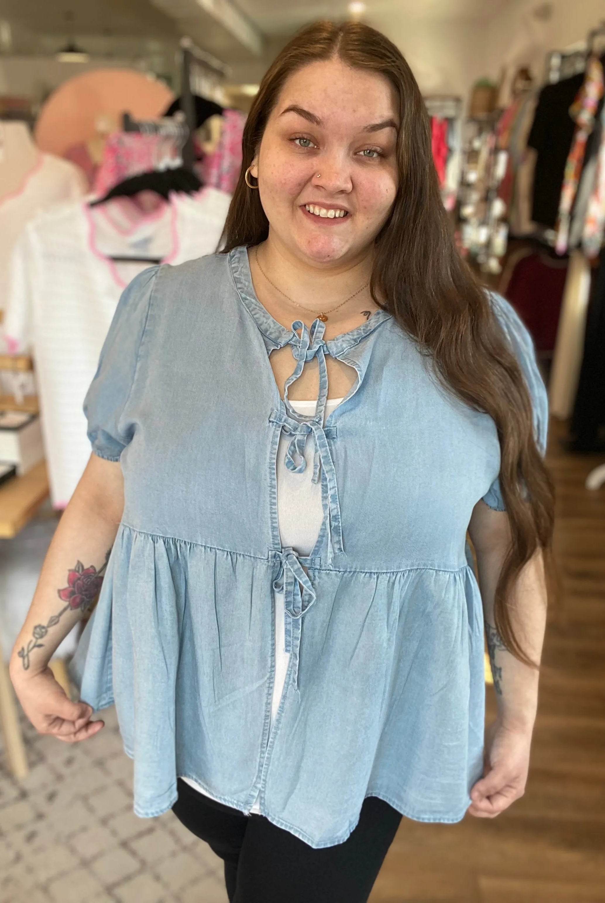 Shop Tie Detail Tencel Peplum Top- at Ruby Joy Boutique, a Women's Clothing Store in Pickerington, Ohio