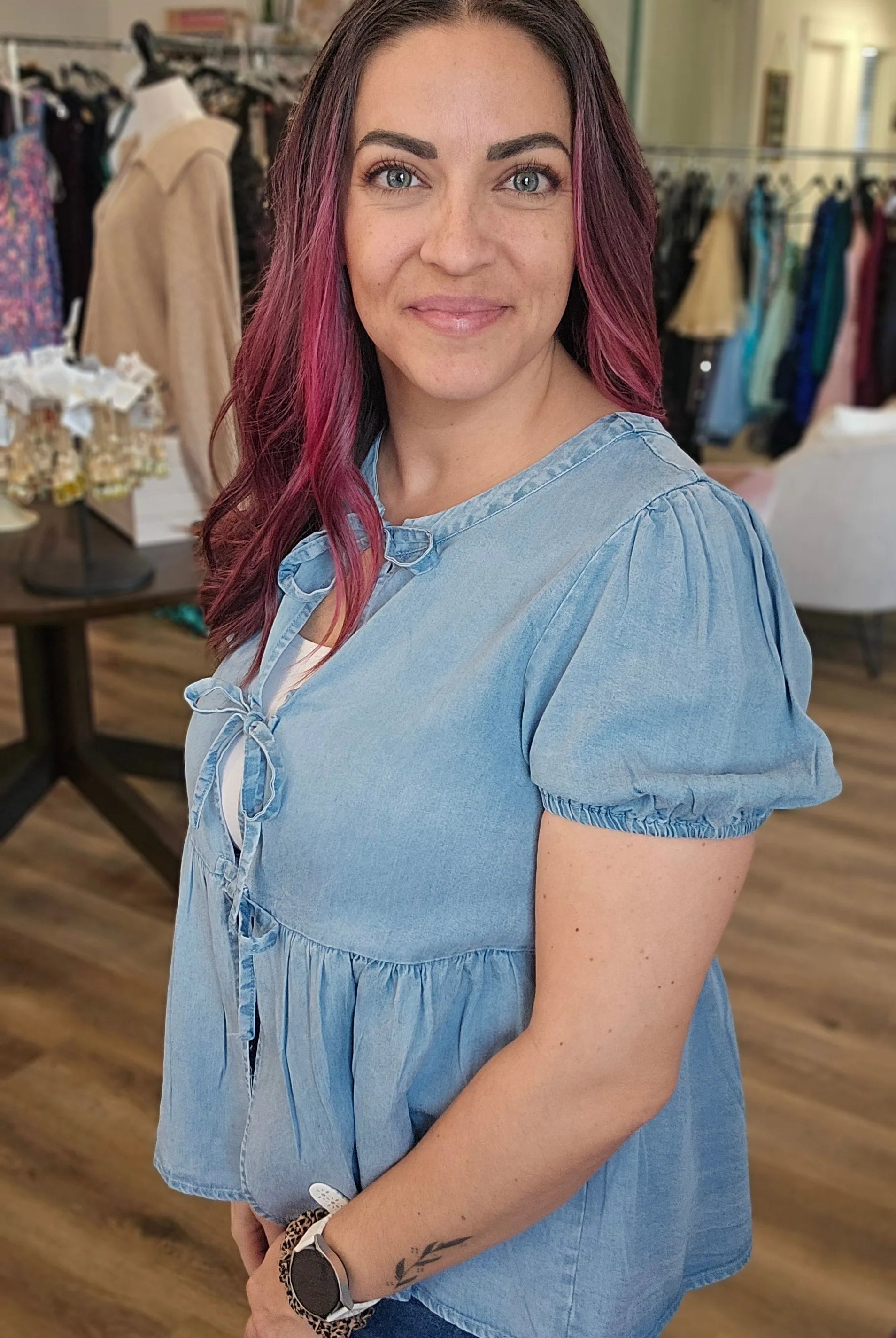 Shop Tie Detail Tencel Peplum Top- at Ruby Joy Boutique, a Women's Clothing Store in Pickerington, Ohio