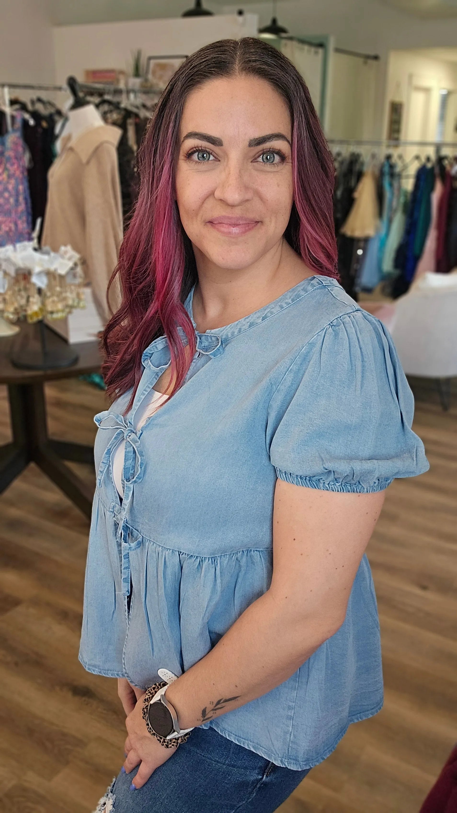 Shop Tie Detail Tencel Peplum Top- at Ruby Joy Boutique, a Women's Clothing Store in Pickerington, Ohio