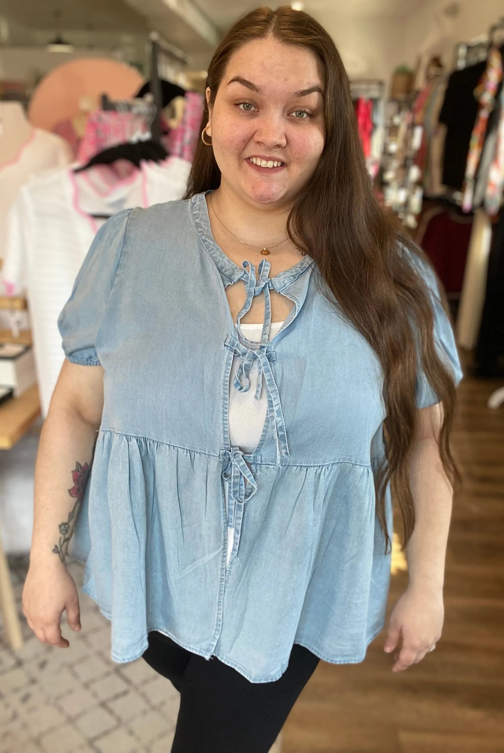 Shop Tie Detail Tencel Peplum Top-1XL at Ruby Joy Boutique, a Women's Clothing Store in Pickerington, Ohio