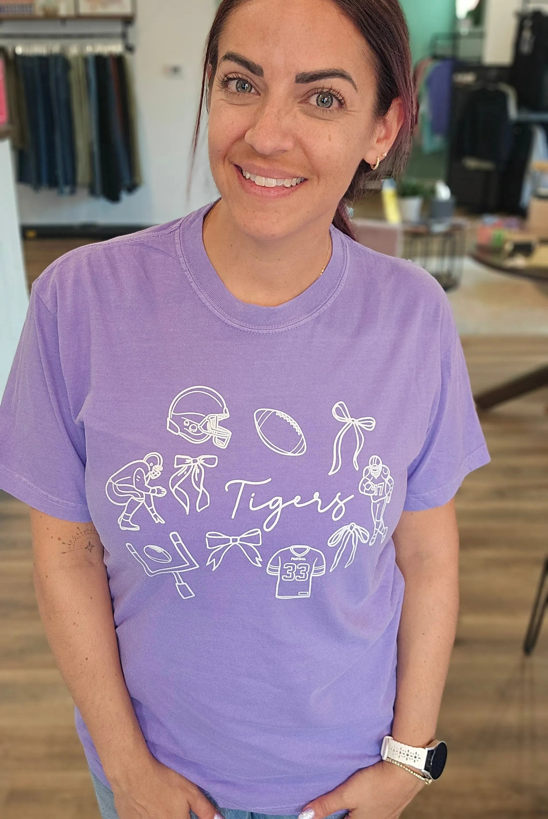 Shop Tigers Football Collage Graphic Tee- at Ruby Joy Boutique, a Women's Clothing Store in Pickerington, Ohio