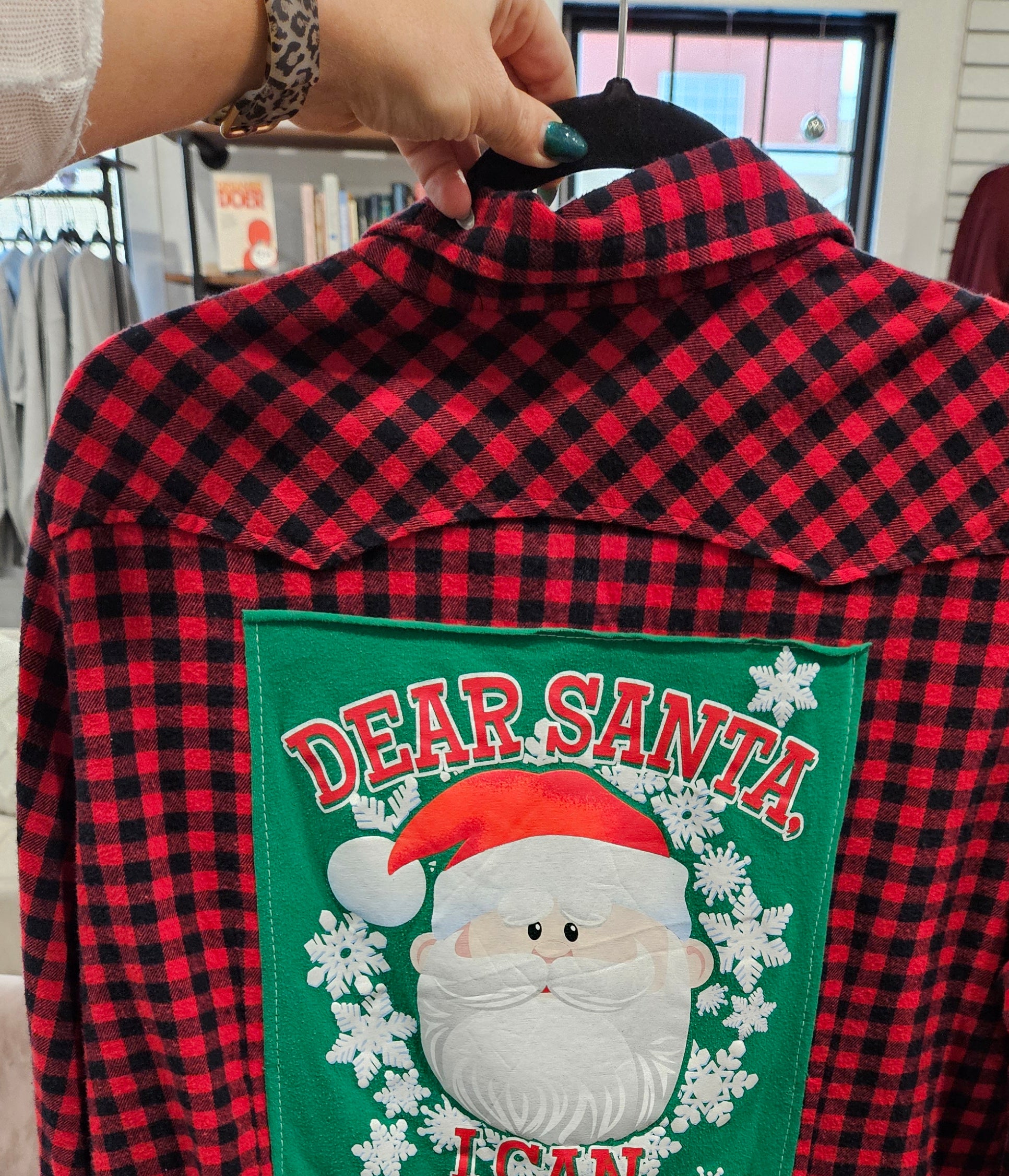Shop Upcycled Holiday Flannels-XL - Dear Santa, I Can Explain at Ruby Joy Boutique, a Women's Clothing Store in Pickerington, Ohio