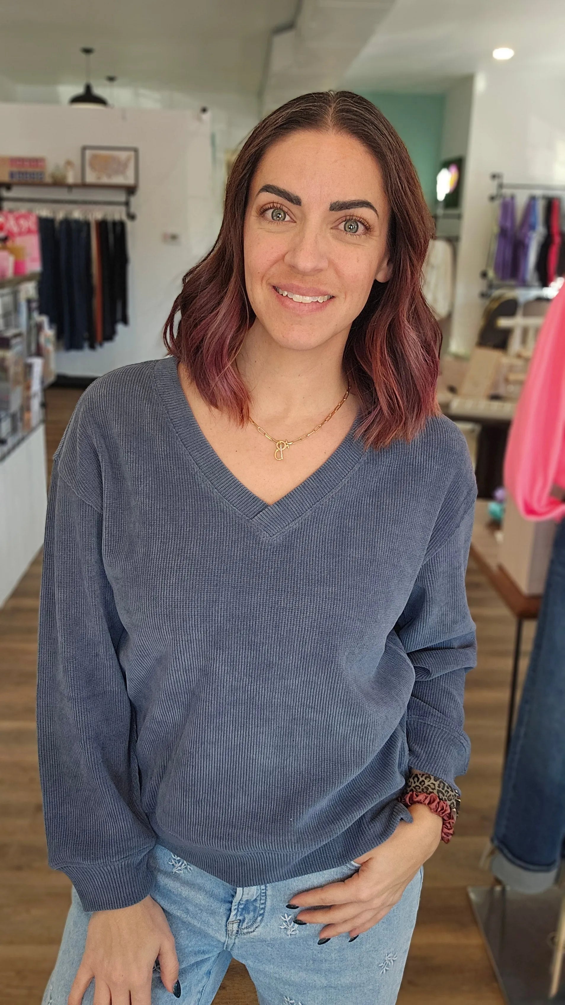 Shop V-Neck Corded Top - Denim- at Ruby Joy Boutique, a Women's Clothing Store in Pickerington, Ohio