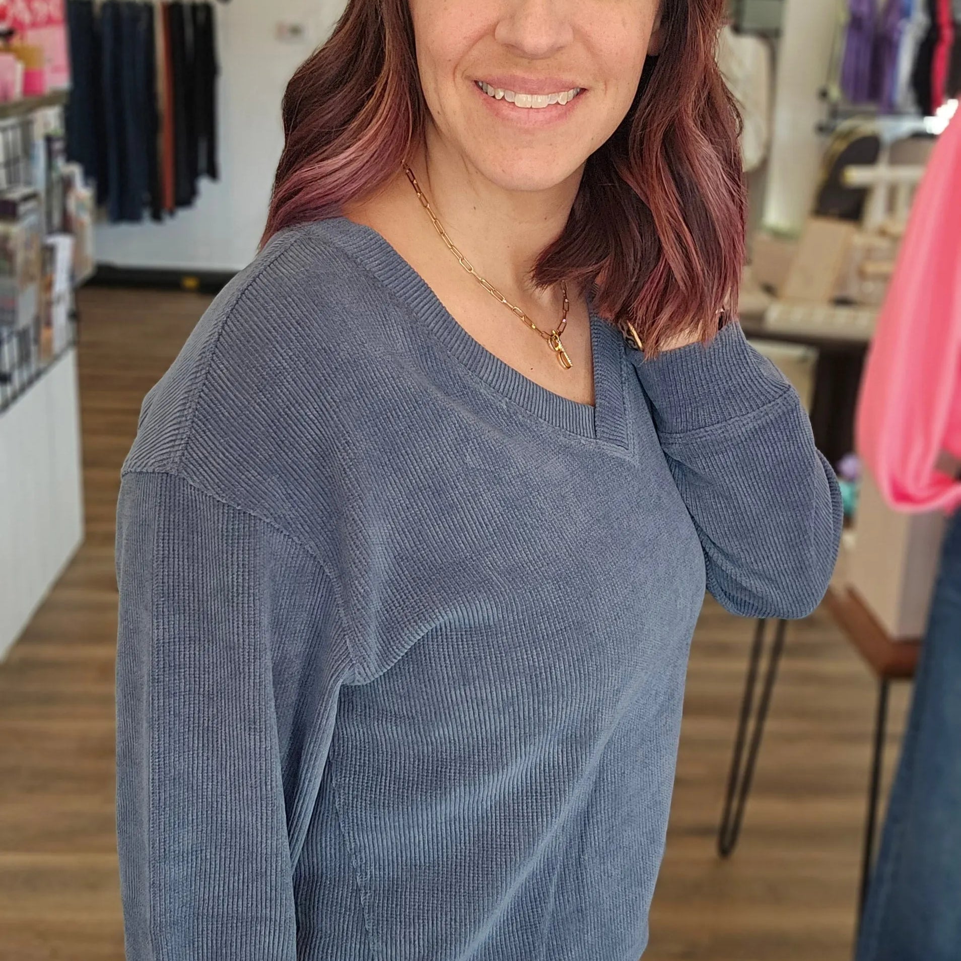 Shop V-Neck Corded Top - Denim- at Ruby Joy Boutique, a Women's Clothing Store in Pickerington, Ohio