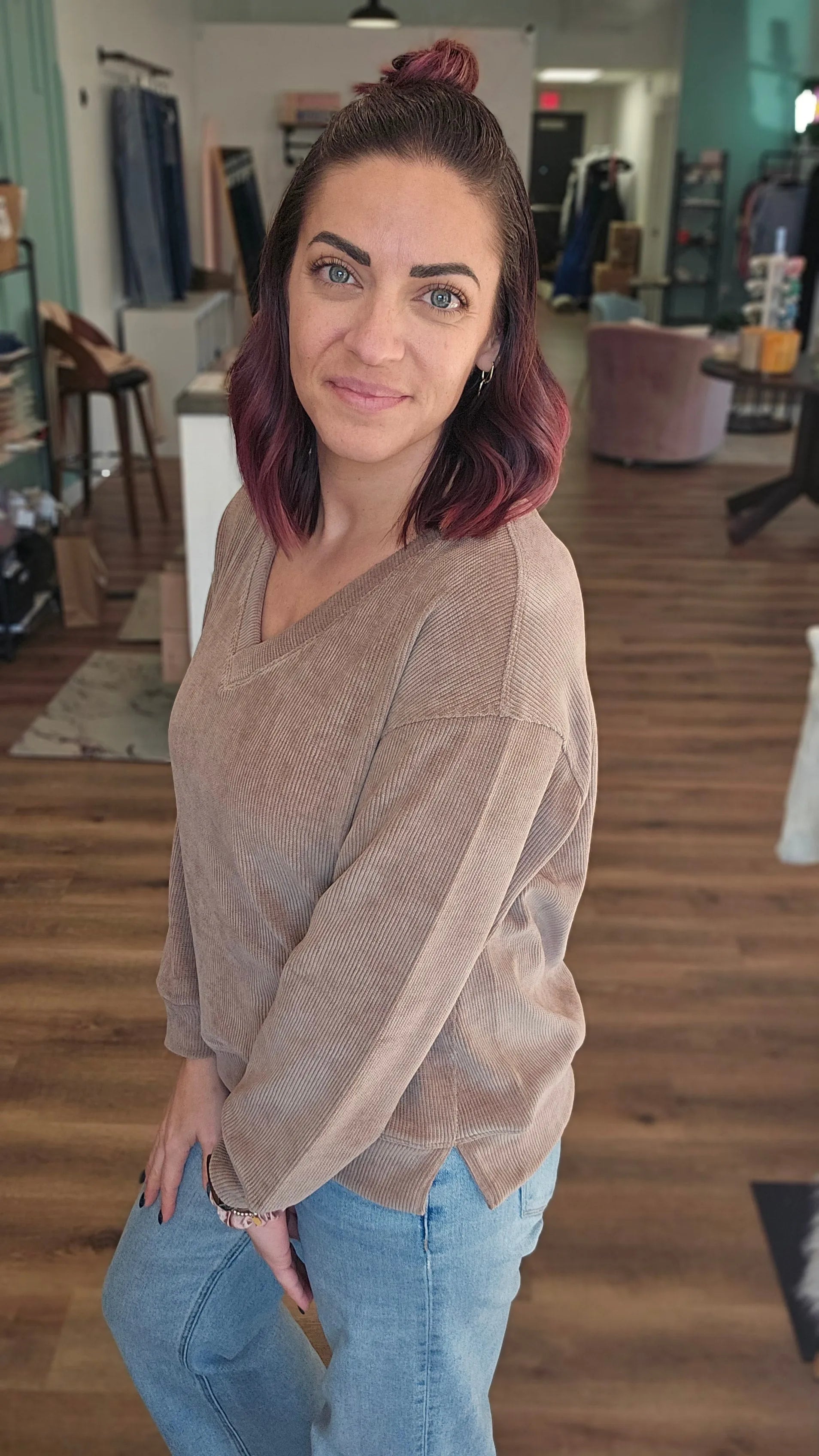 Shop V-Neck Corded Top - Khaki- at Ruby Joy Boutique, a Women's Clothing Store in Pickerington, Ohio