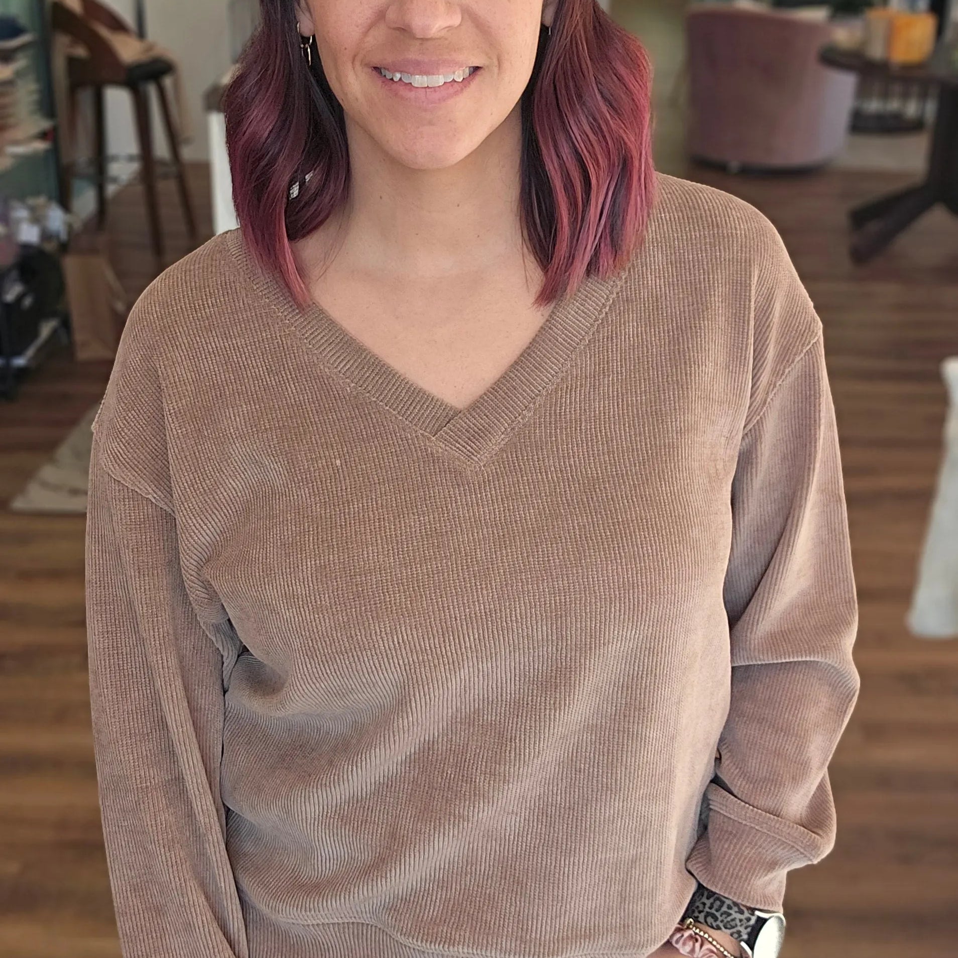 Shop V-Neck Corded Top - Khaki- at Ruby Joy Boutique, a Women's Clothing Store in Pickerington, Ohio