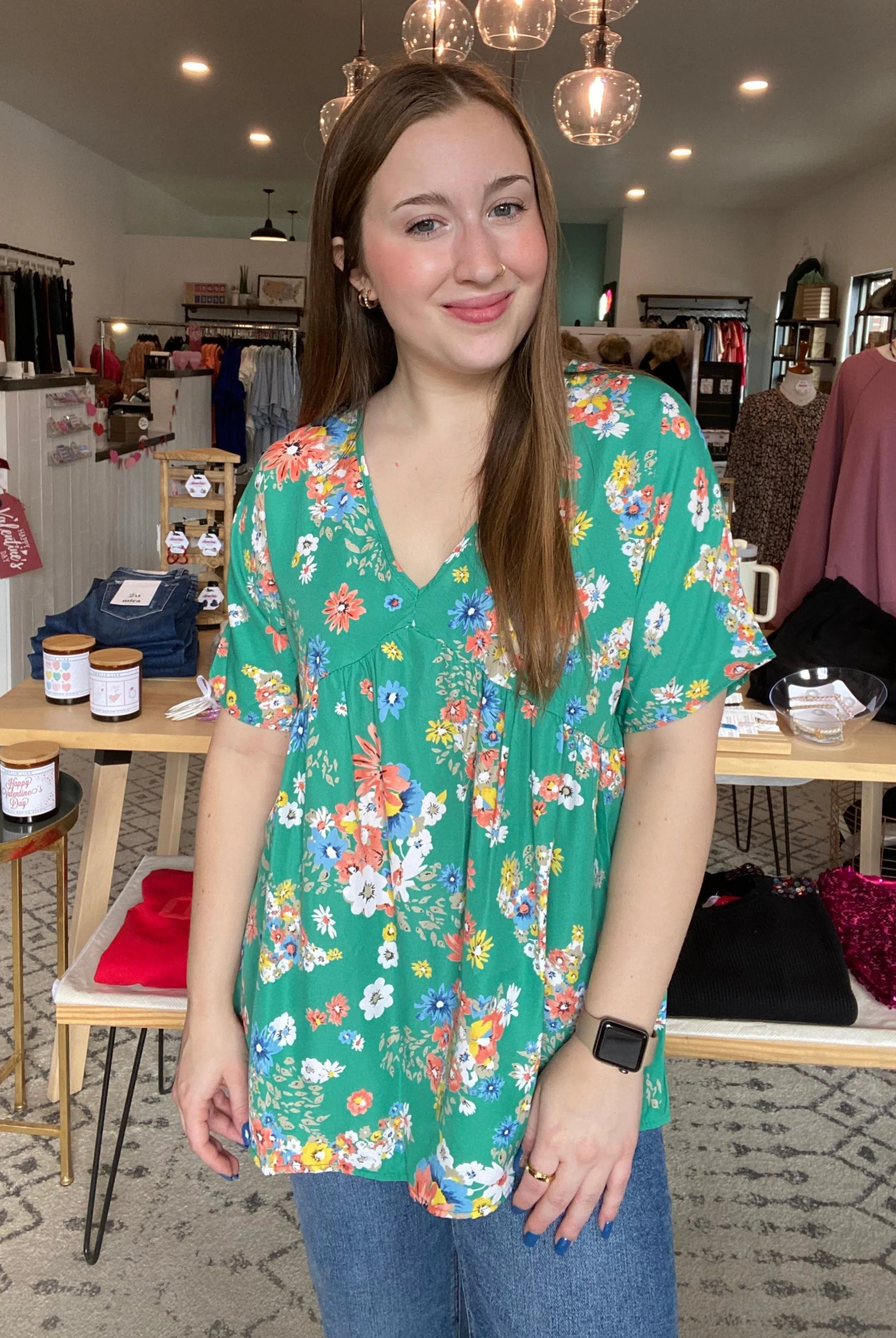 Shop V-Neck Dolman Sleeve Babydoll Blouse - Green Floral-Blouse at Ruby Joy Boutique, a Women's Clothing Store in Pickerington, Ohio
