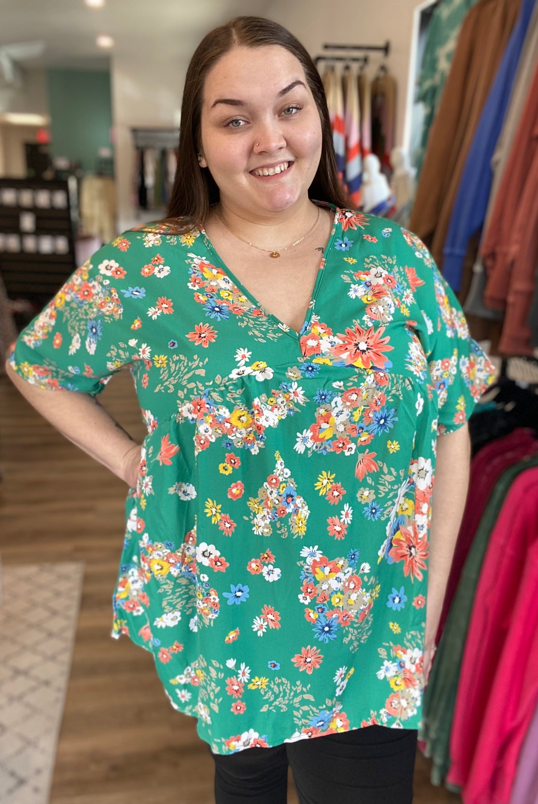 Shop V-Neck Dolman Sleeve Babydoll Blouse - Green Floral-Blouse at Ruby Joy Boutique, a Women's Clothing Store in Pickerington, Ohio