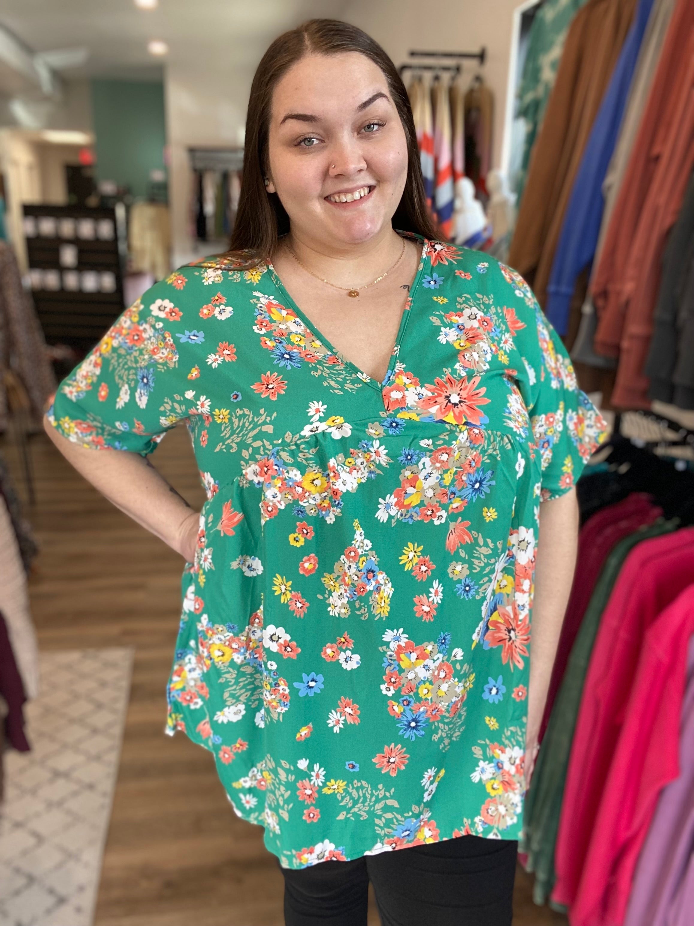 Shop V-Neck Dolman Sleeve Babydoll Blouse - Green Floral-Blouse at Ruby Joy Boutique, a Women's Clothing Store in Pickerington, Ohio