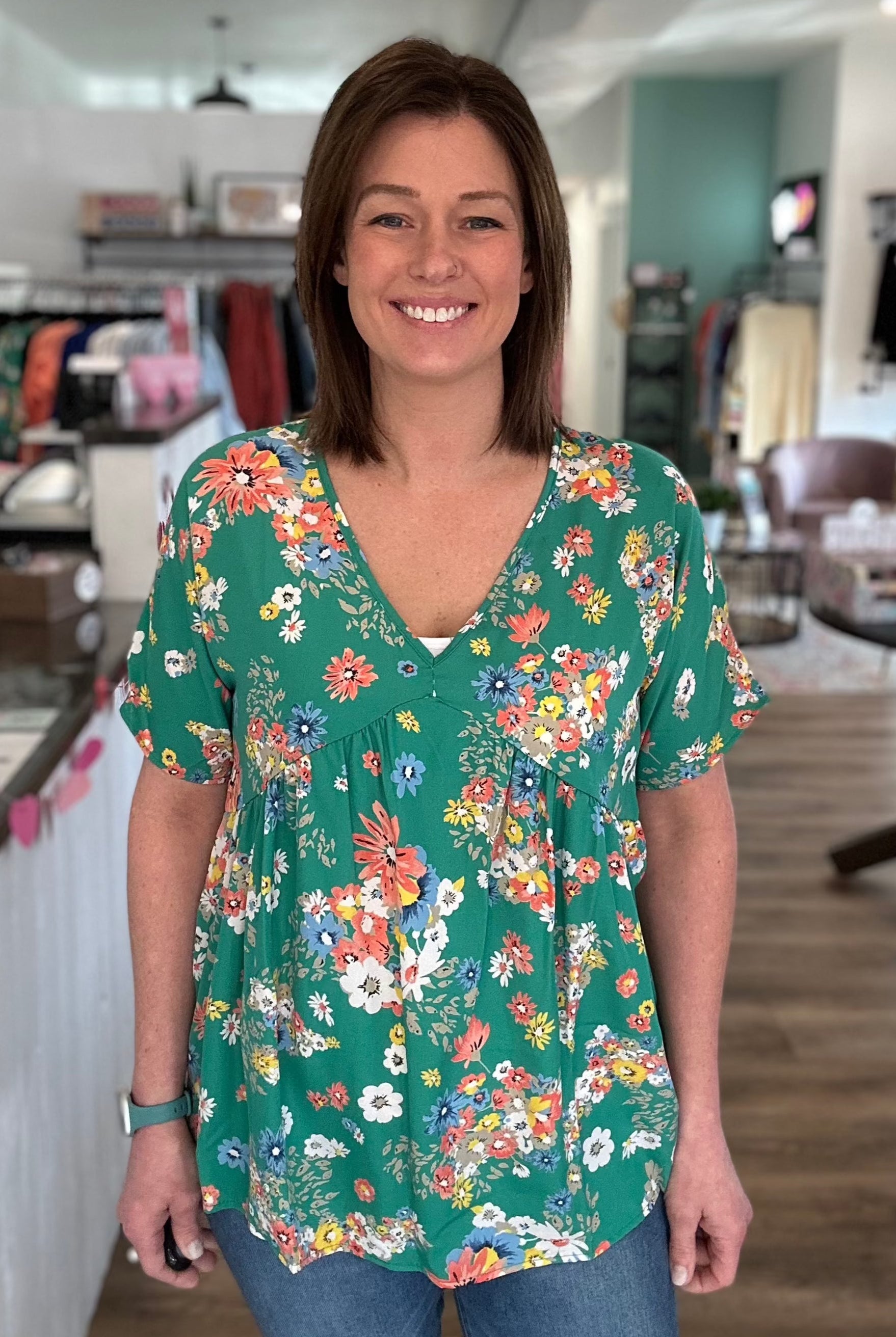 Shop V-Neck Dolman Sleeve Babydoll Blouse - Green Floral-Blouse at Ruby Joy Boutique, a Women's Clothing Store in Pickerington, Ohio