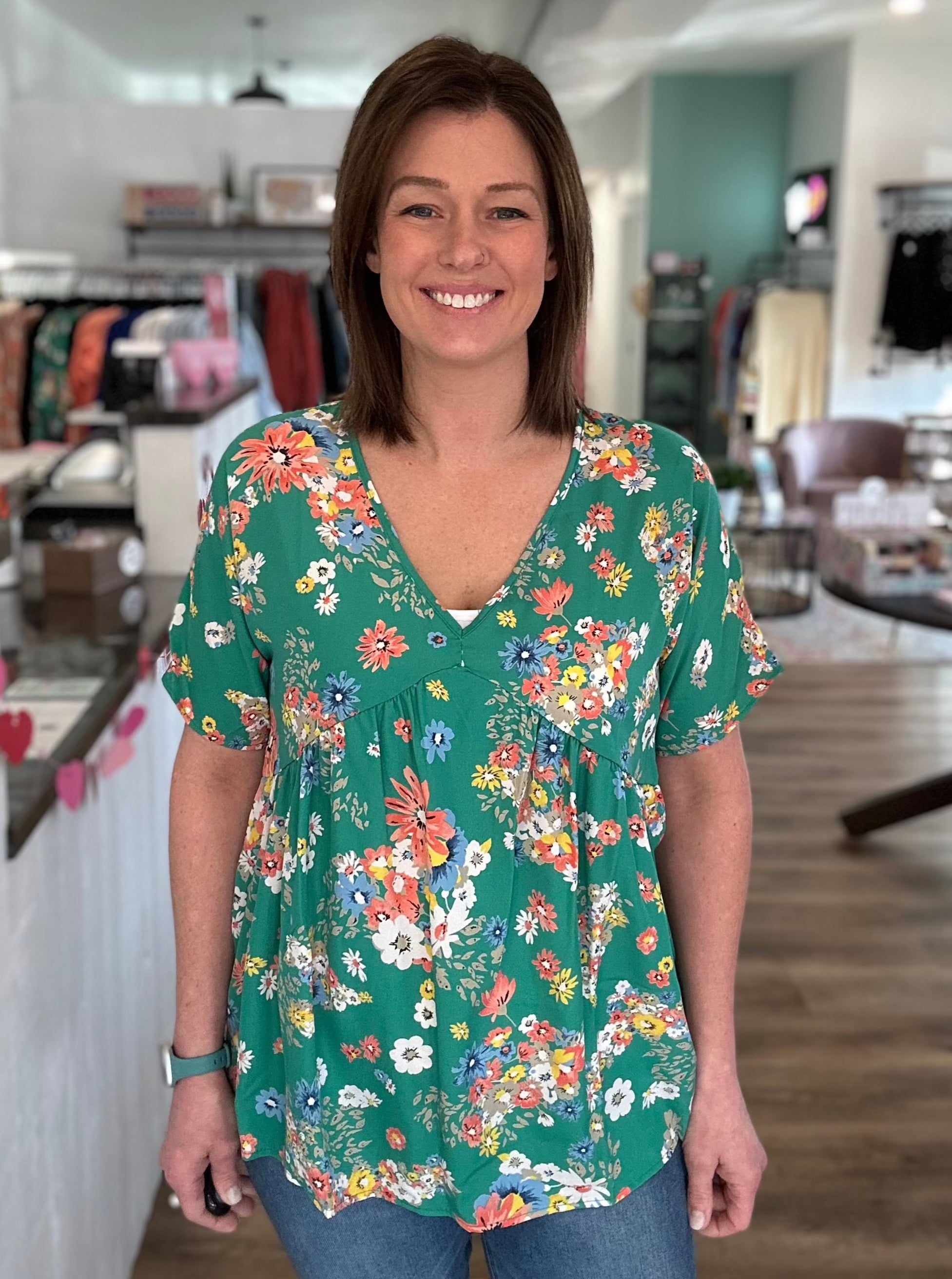 Shop V-Neck Dolman Sleeve Babydoll Blouse - Green Floral-Blouse at Ruby Joy Boutique, a Women's Clothing Store in Pickerington, Ohio