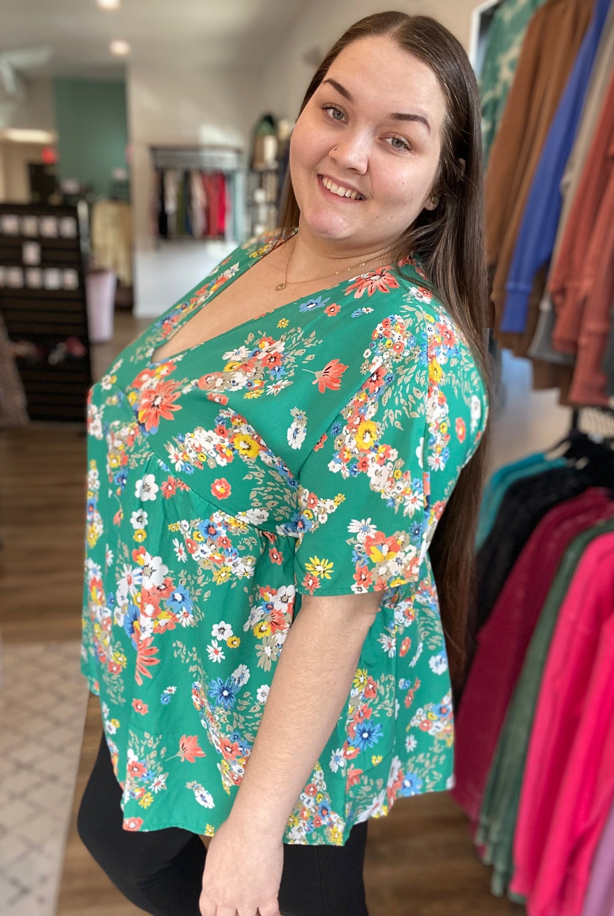 Shop V-Neck Dolman Sleeve Babydoll Blouse - Green Floral-Blouse at Ruby Joy Boutique, a Women's Clothing Store in Pickerington, Ohio