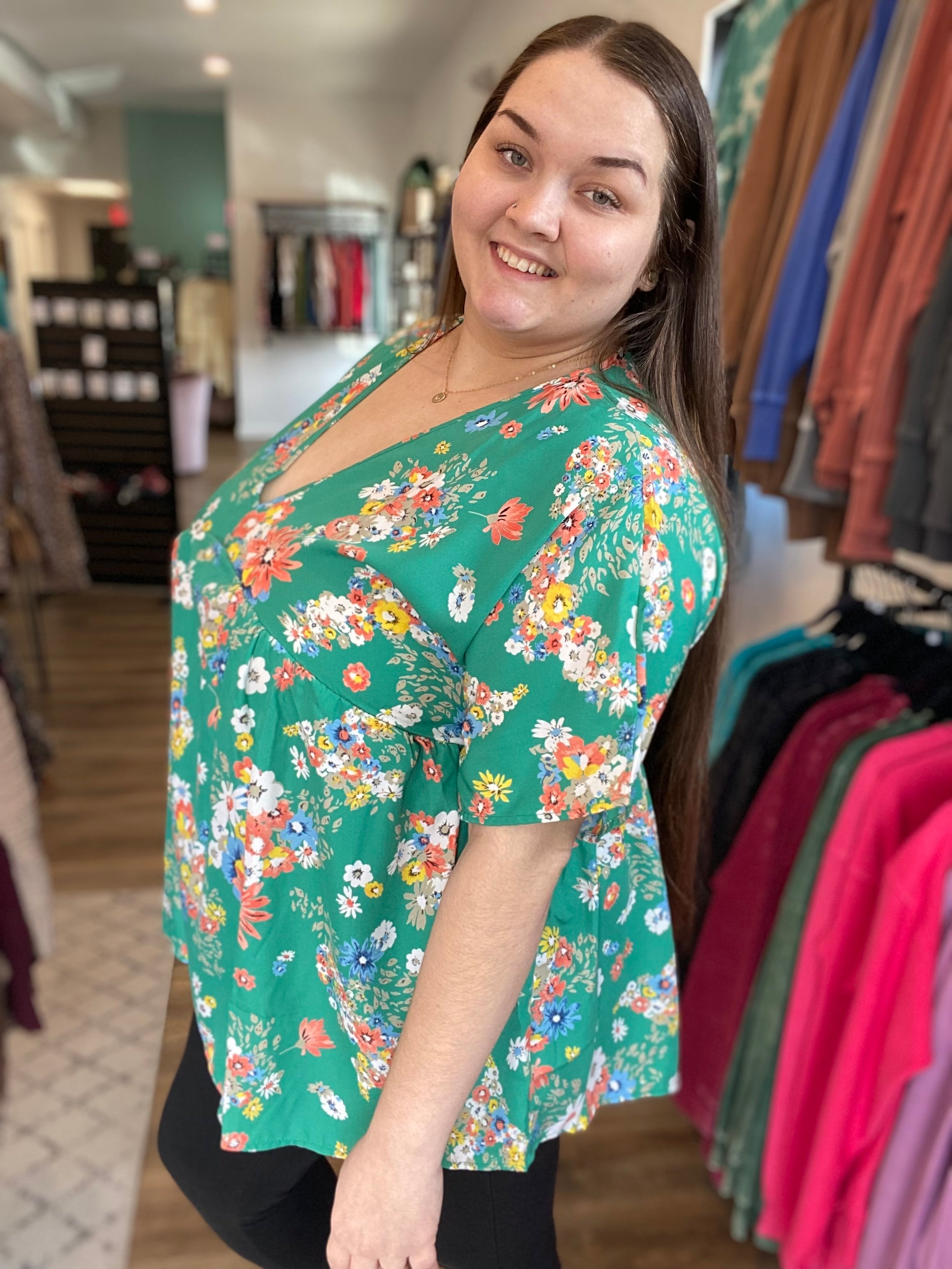 Shop V-Neck Dolman Sleeve Babydoll Blouse - Green Floral-Blouse at Ruby Joy Boutique, a Women's Clothing Store in Pickerington, Ohio