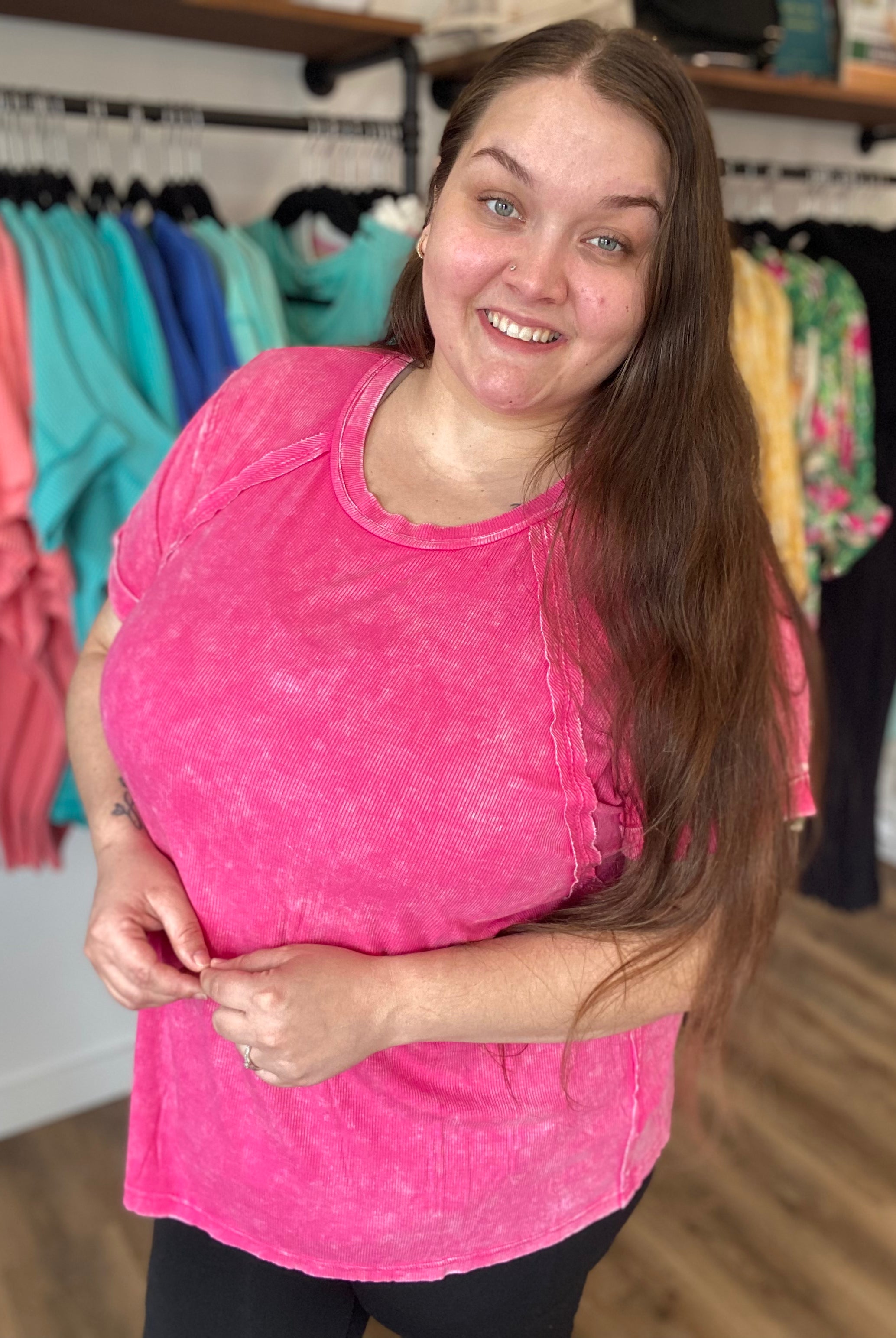 Shop Washed Ribbed Oversized Tee - Hot Pink- at Ruby Joy Boutique, a Women's Clothing Store in Pickerington, Ohio