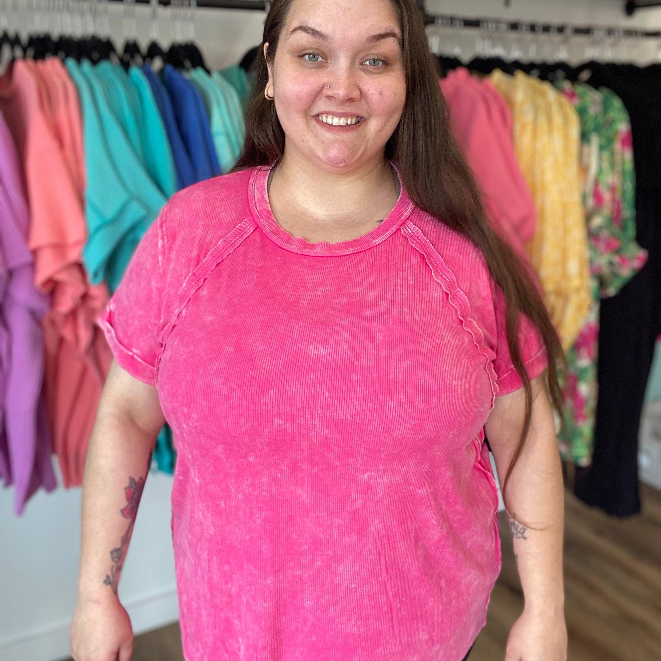 Shop Washed Ribbed Oversized Tee - Hot Pink- at Ruby Joy Boutique, a Women's Clothing Store in Pickerington, Ohio