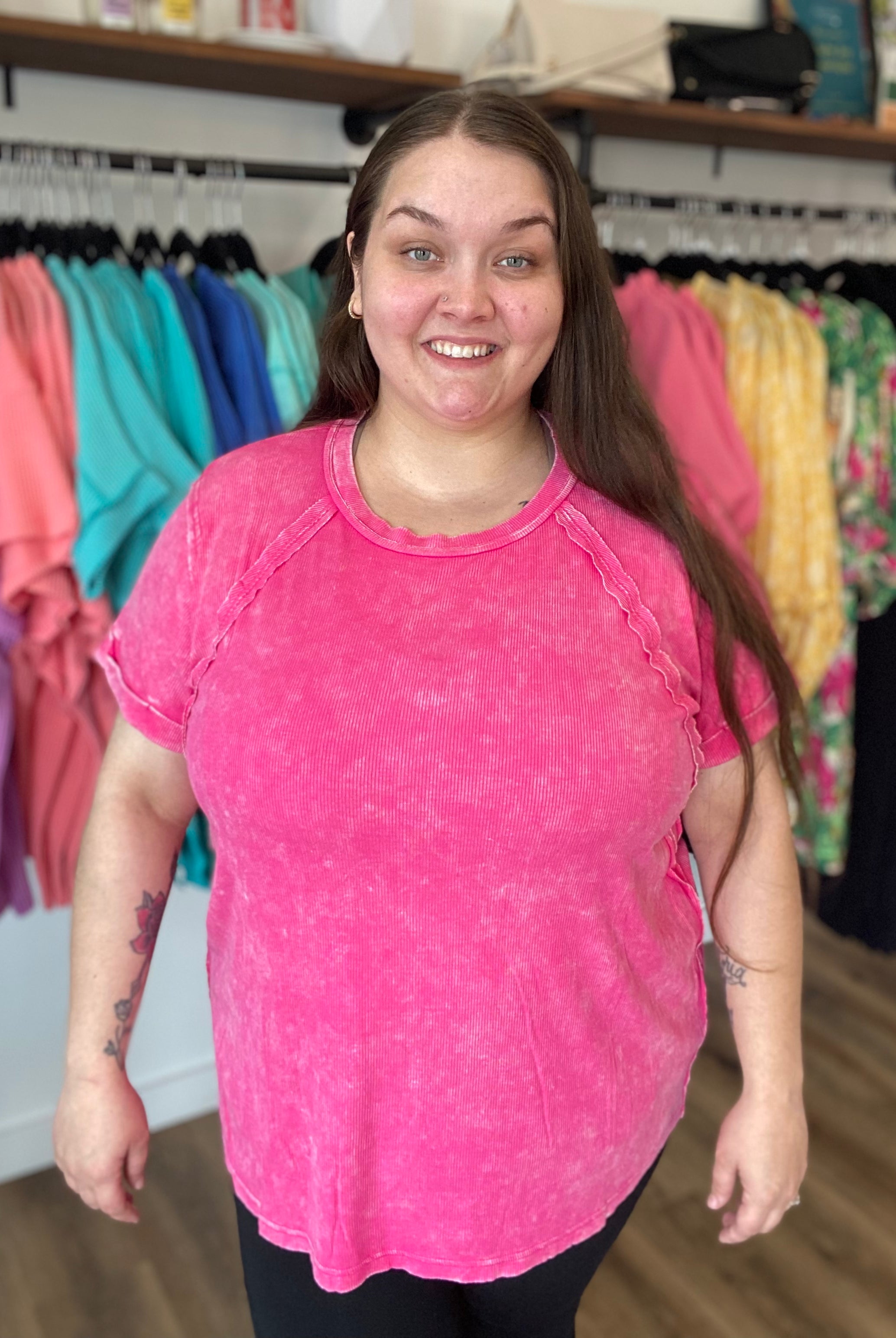 Shop Washed Ribbed Oversized Tee - Hot Pink- at Ruby Joy Boutique, a Women's Clothing Store in Pickerington, Ohio
