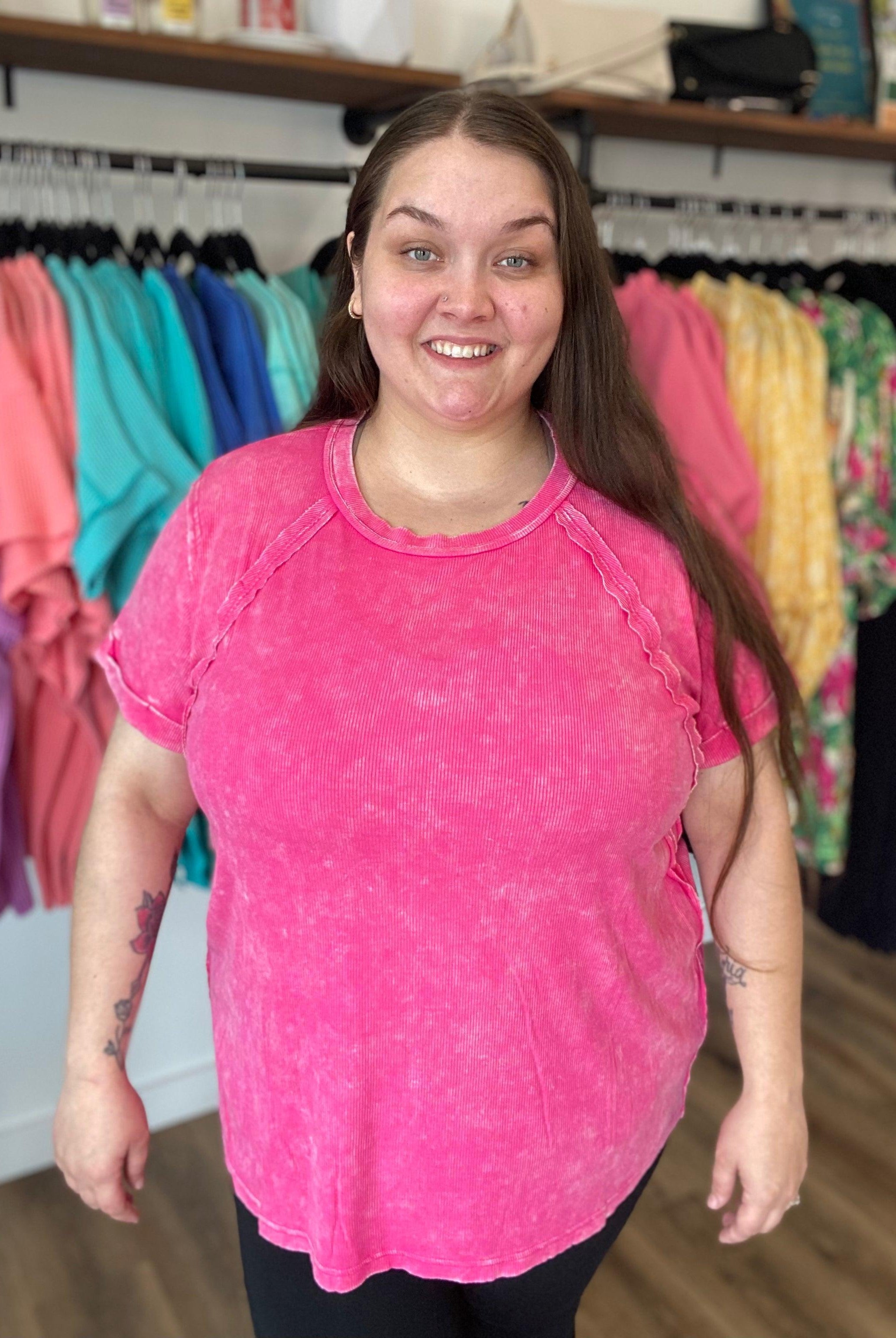 Shop Washed Ribbed Oversized Tee - Hot Pink- at Ruby Joy Boutique, a Women's Clothing Store in Pickerington, Ohio