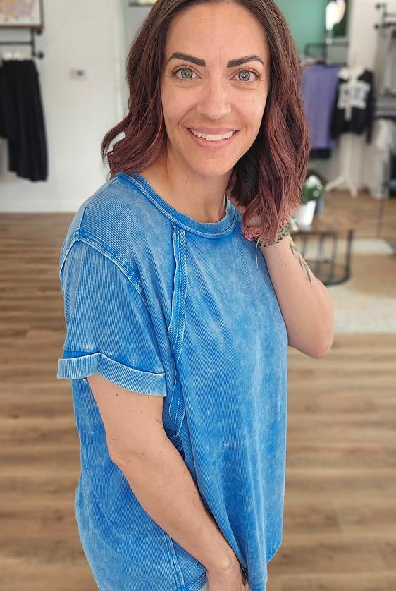 Shop Washed Ribbed Oversized Tee - Ocean Blue- at Ruby Joy Boutique, a Women's Clothing Store in Pickerington, Ohio