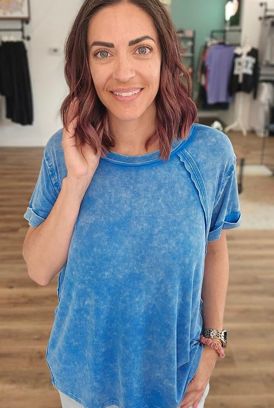 Shop Washed Ribbed Oversized Tee - Ocean Blue- at Ruby Joy Boutique, a Women's Clothing Store in Pickerington, Ohio