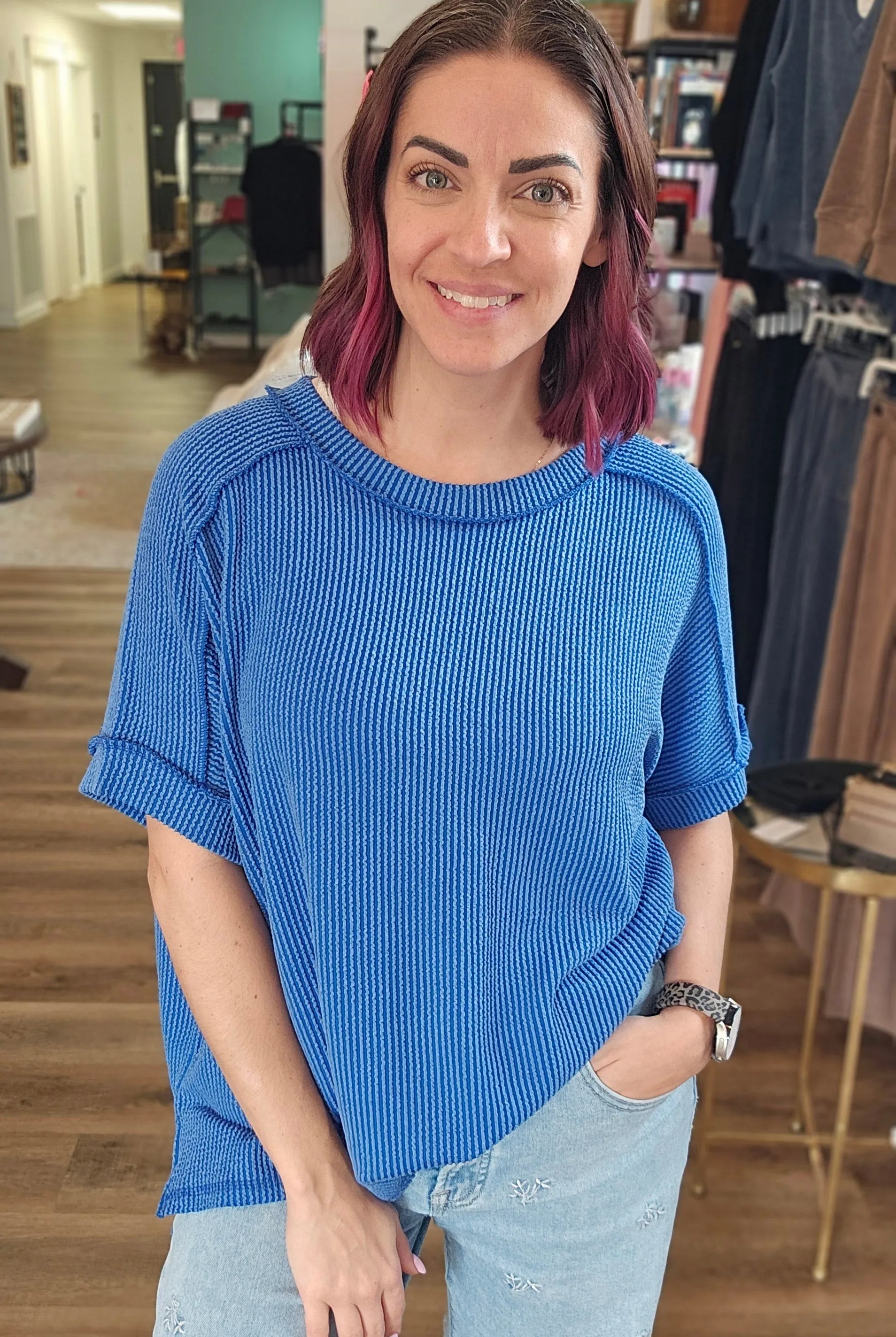 Shop Wavy Ribbed Cuff Sleeve Top - Blue-S/M at Ruby Joy Boutique, a Women's Clothing Store in Pickerington, Ohio