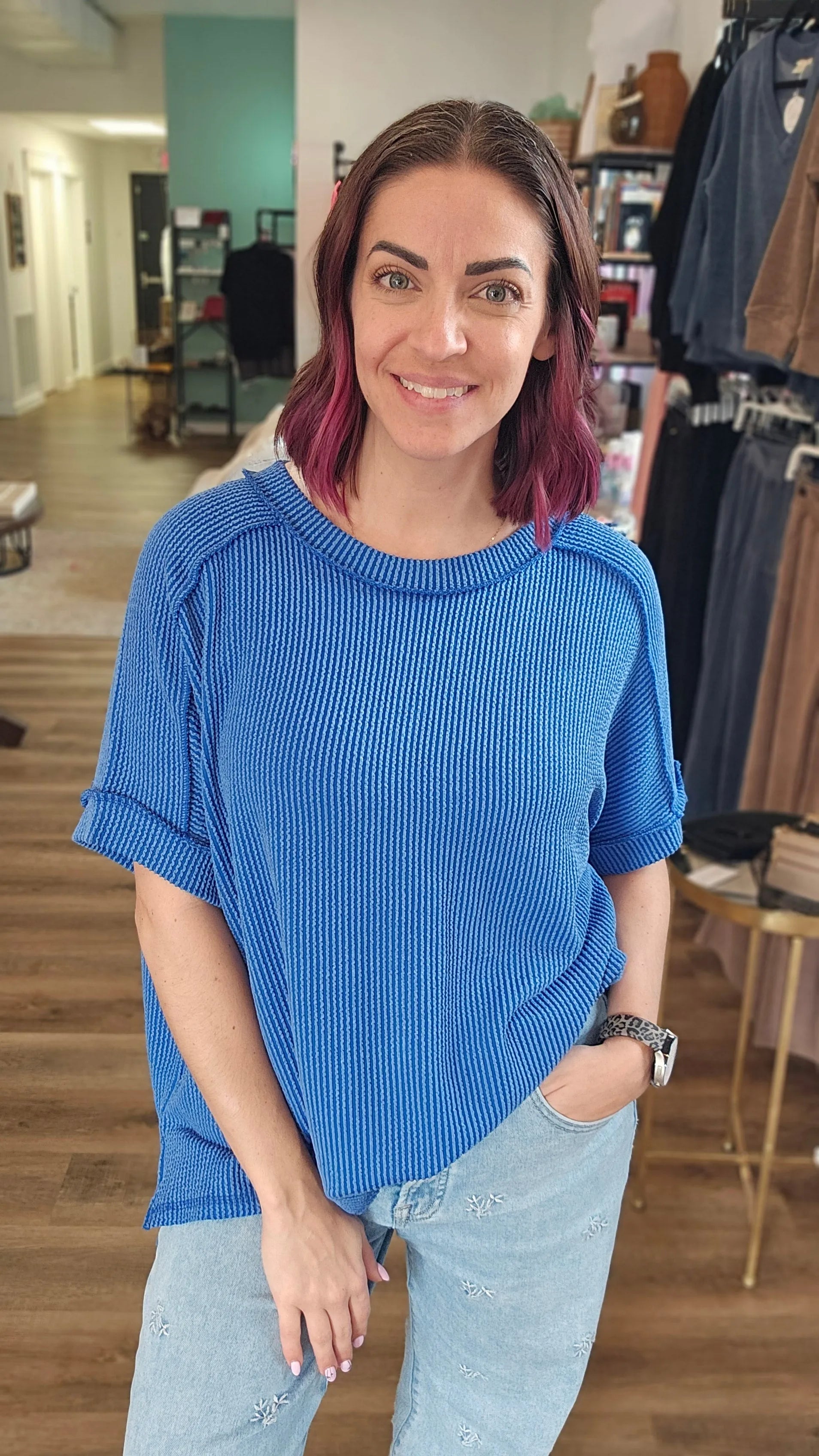 Shop Wavy Ribbed Cuff Sleeve Top - Blue-S/M at Ruby Joy Boutique, a Women's Clothing Store in Pickerington, Ohio
