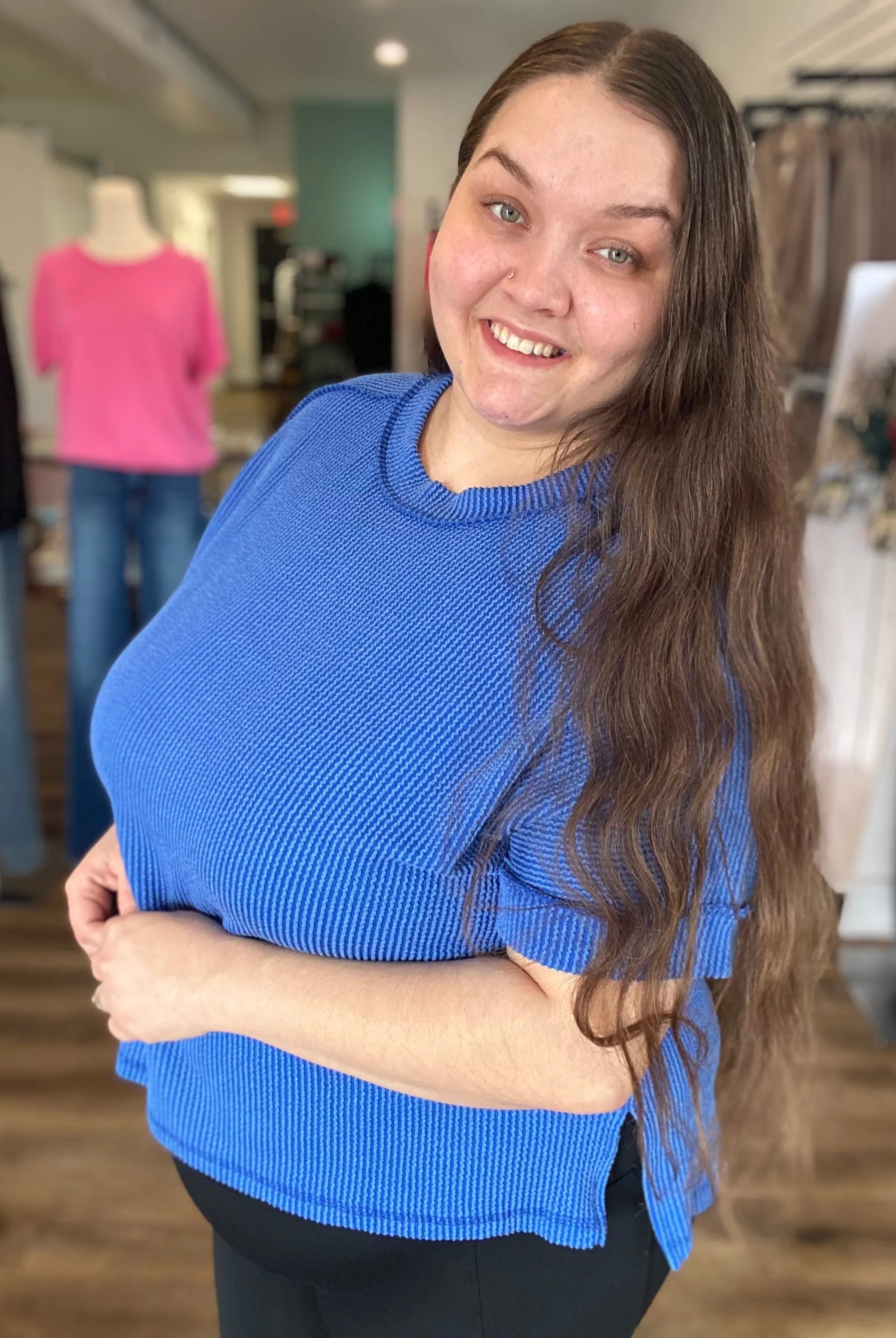 Shop Wavy Ribbed Cuff Sleeve Top - Blue- at Ruby Joy Boutique, a Women's Clothing Store in Pickerington, Ohio