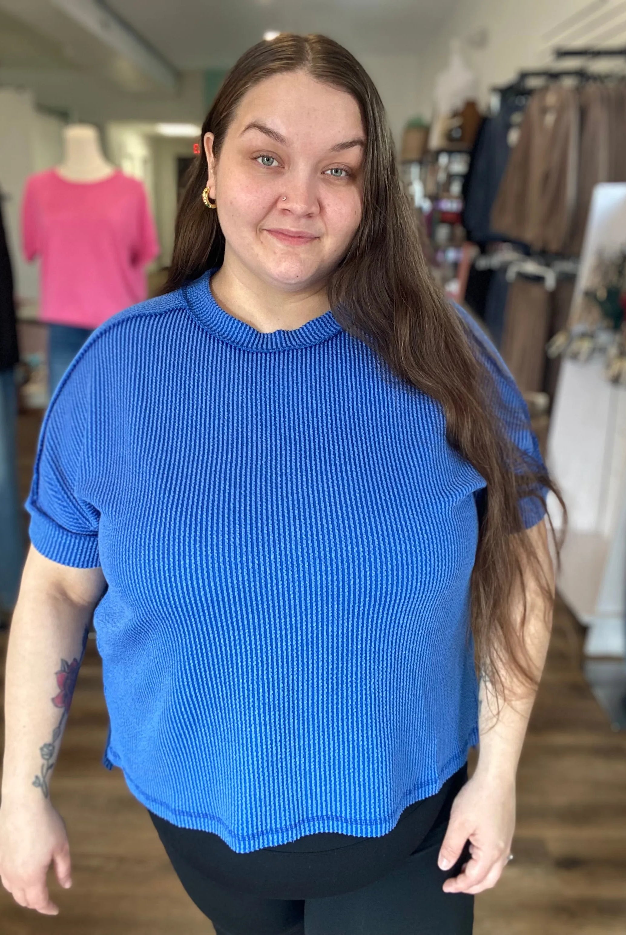 Shop Wavy Ribbed Cuff Sleeve Top - Blue- at Ruby Joy Boutique, a Women's Clothing Store in Pickerington, Ohio