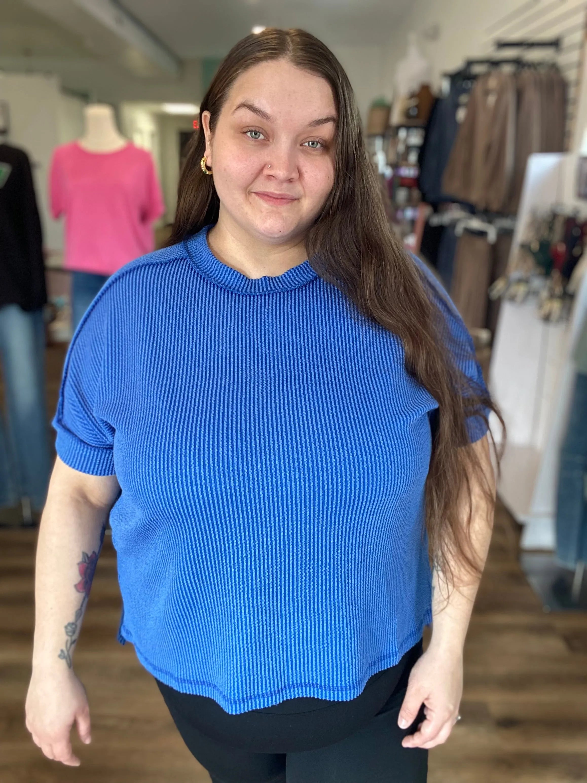 Shop Wavy Ribbed Cuff Sleeve Top - Blue- at Ruby Joy Boutique, a Women's Clothing Store in Pickerington, Ohio