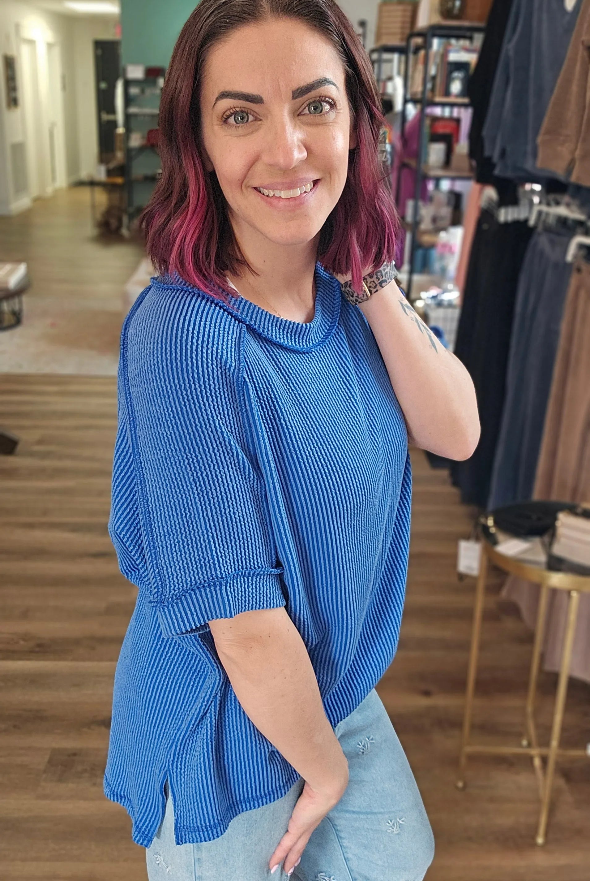 Shop Wavy Ribbed Cuff Sleeve Top - Blue- at Ruby Joy Boutique, a Women's Clothing Store in Pickerington, Ohio
