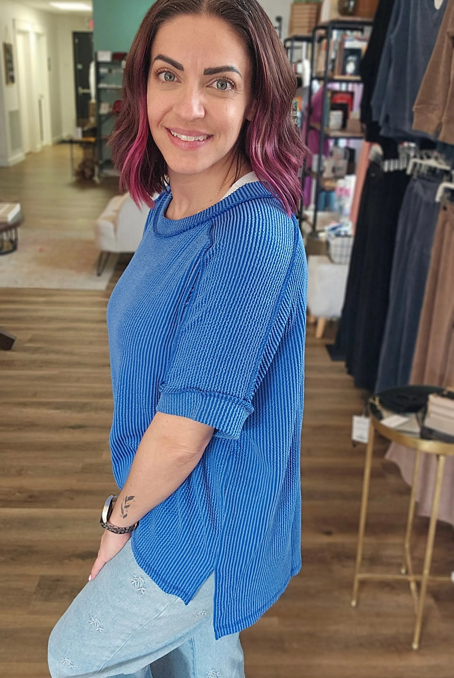 Shop Wavy Ribbed Cuff Sleeve Top - Blue- at Ruby Joy Boutique, a Women's Clothing Store in Pickerington, Ohio