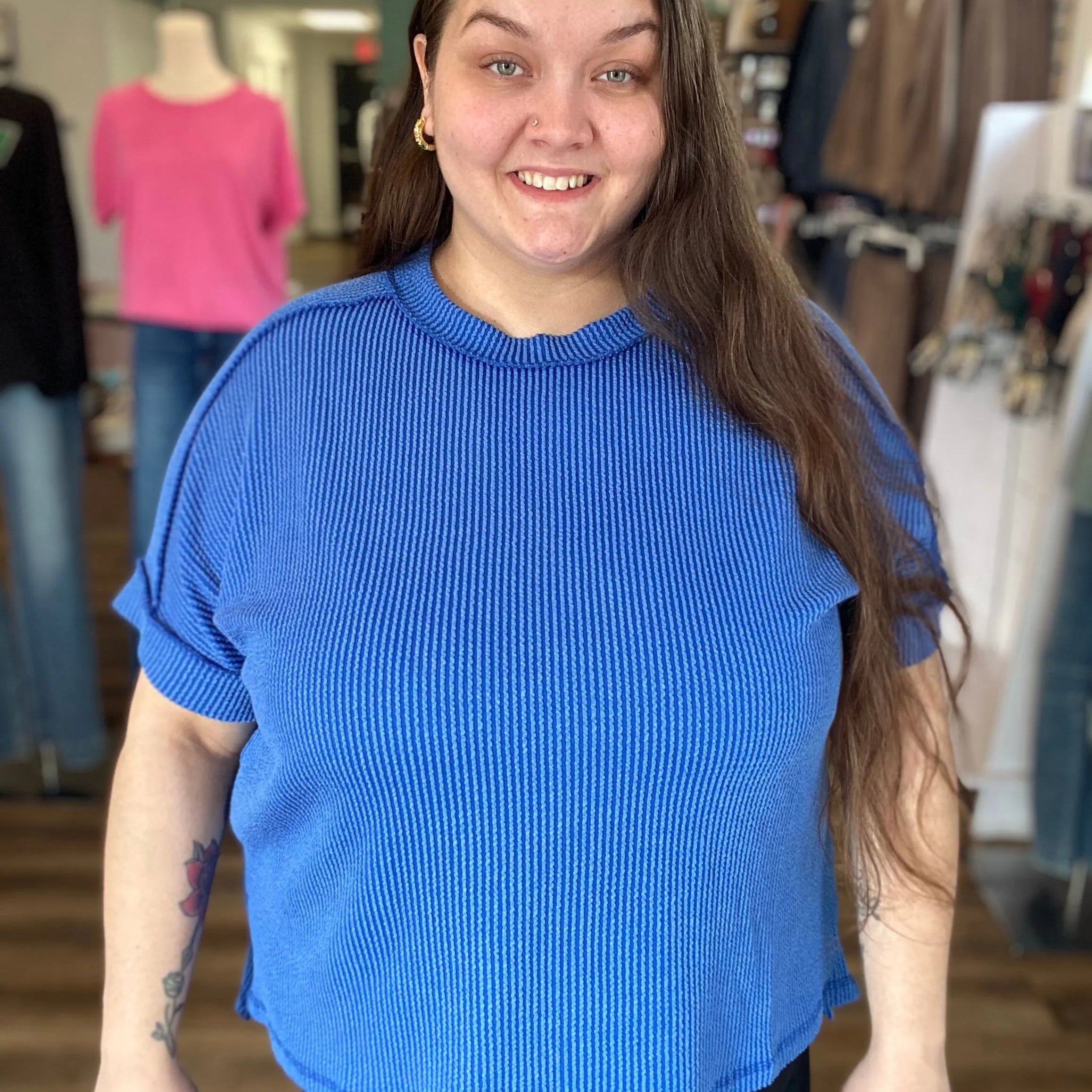 Shop Wavy Ribbed Cuff Sleeve Top - Blue-1XL/2XL at Ruby Joy Boutique, a Women's Clothing Store in Pickerington, Ohio
