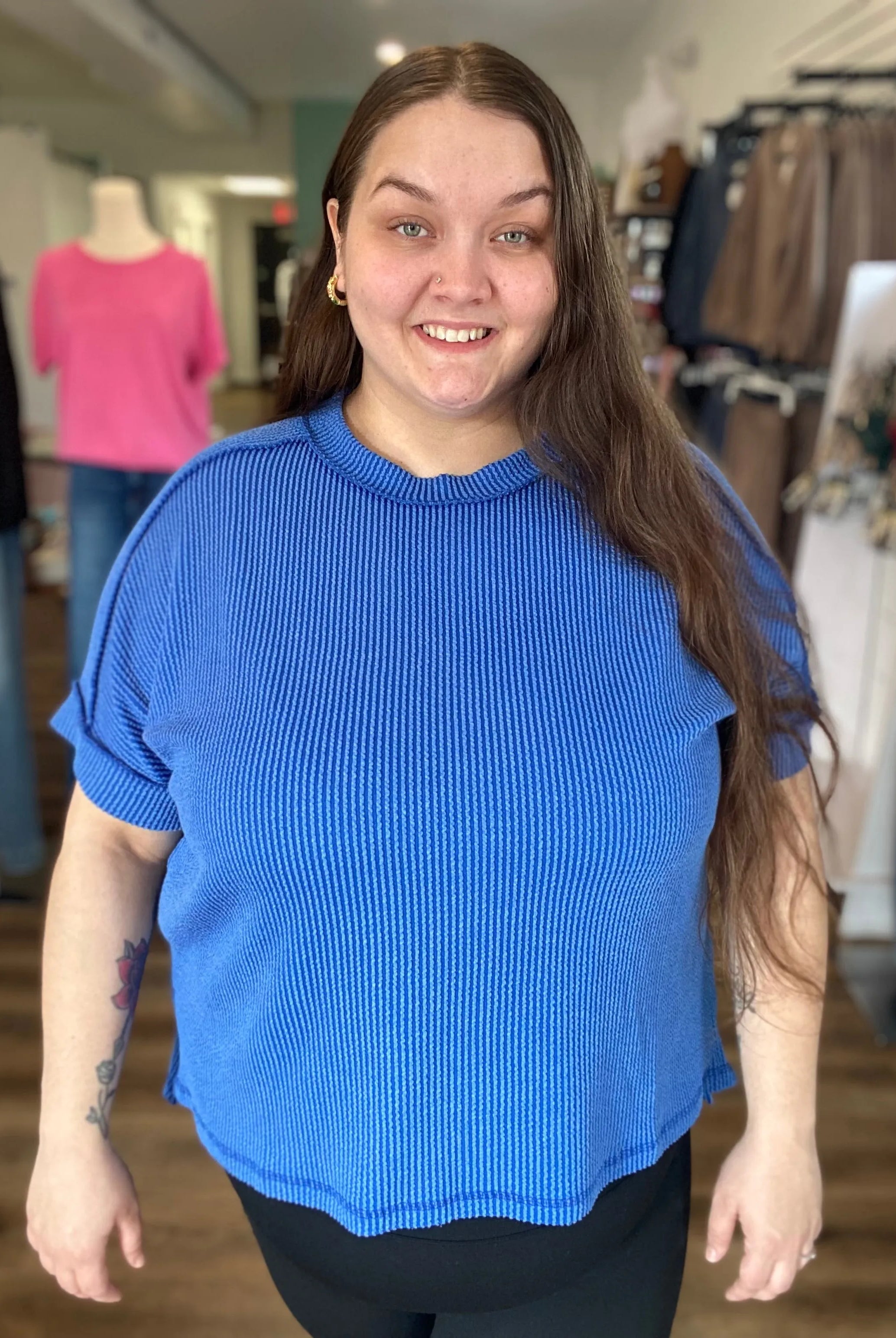 Shop Wavy Ribbed Cuff Sleeve Top - Blue-1XL/2XL at Ruby Joy Boutique, a Women's Clothing Store in Pickerington, Ohio