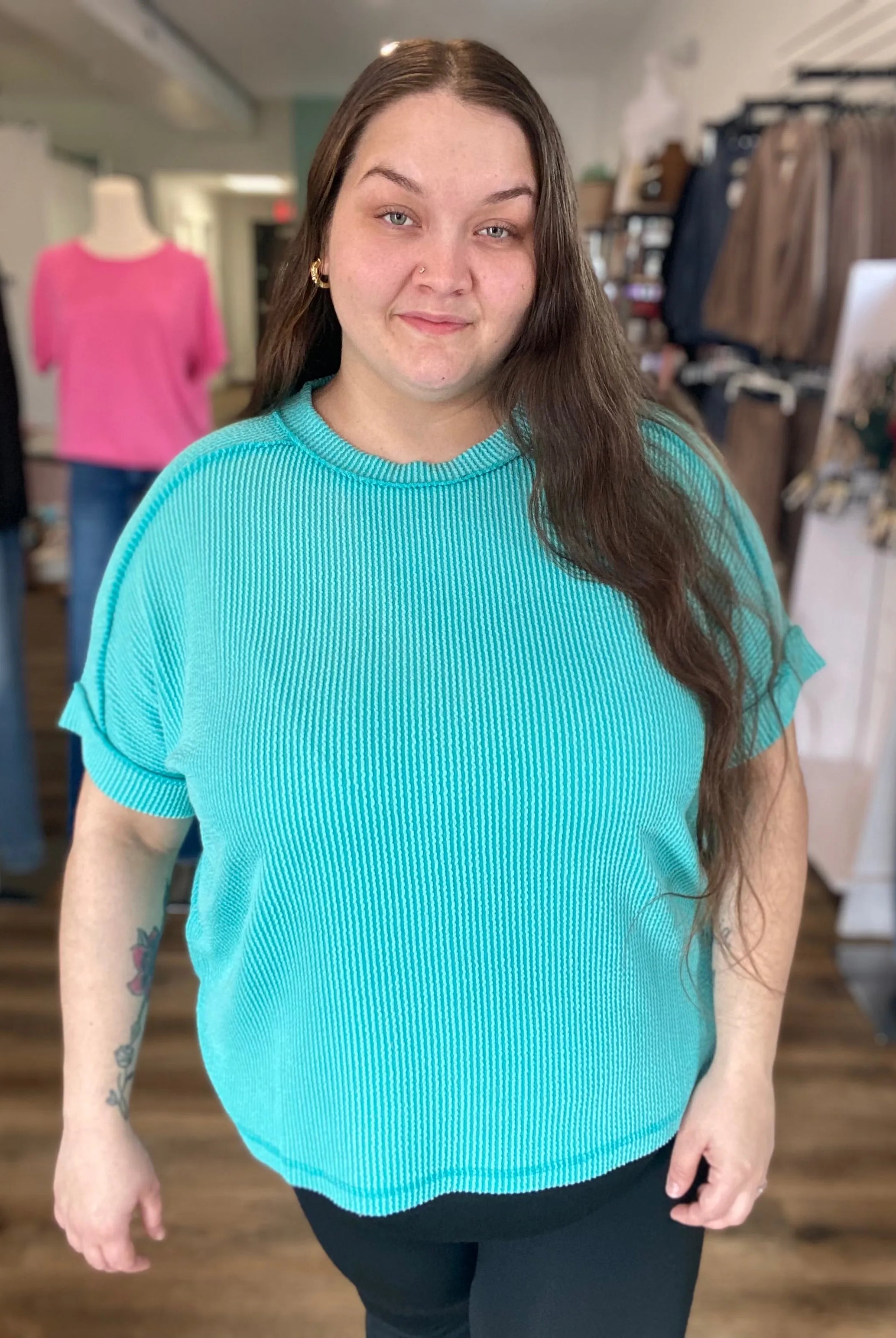 Shop Wavy Ribbed Cuff Sleeve Top - Turquoise-1XL/2XL at Ruby Joy Boutique, a Women's Clothing Store in Pickerington, Ohio