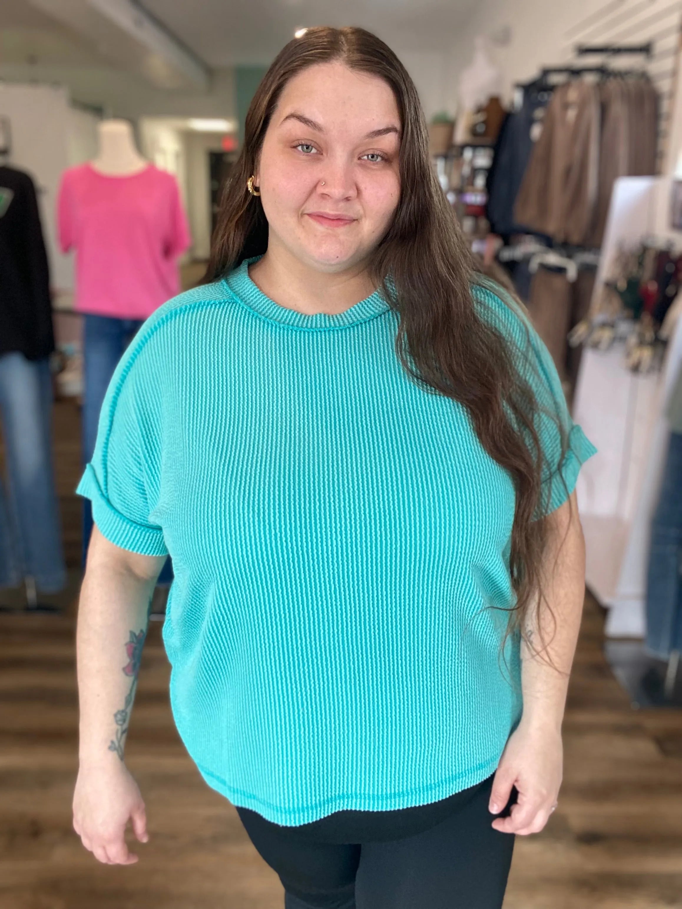 Shop Wavy Ribbed Cuff Sleeve Top - Turquoise-1XL/2XL at Ruby Joy Boutique, a Women's Clothing Store in Pickerington, Ohio
