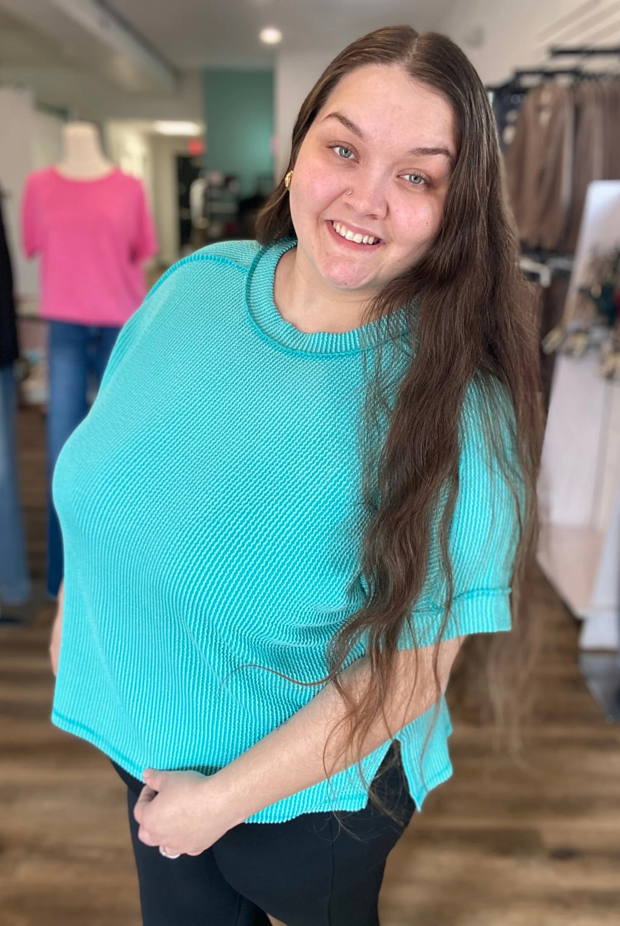 Shop Wavy Ribbed Cuff Sleeve Top - Turquoise- at Ruby Joy Boutique, a Women's Clothing Store in Pickerington, Ohio