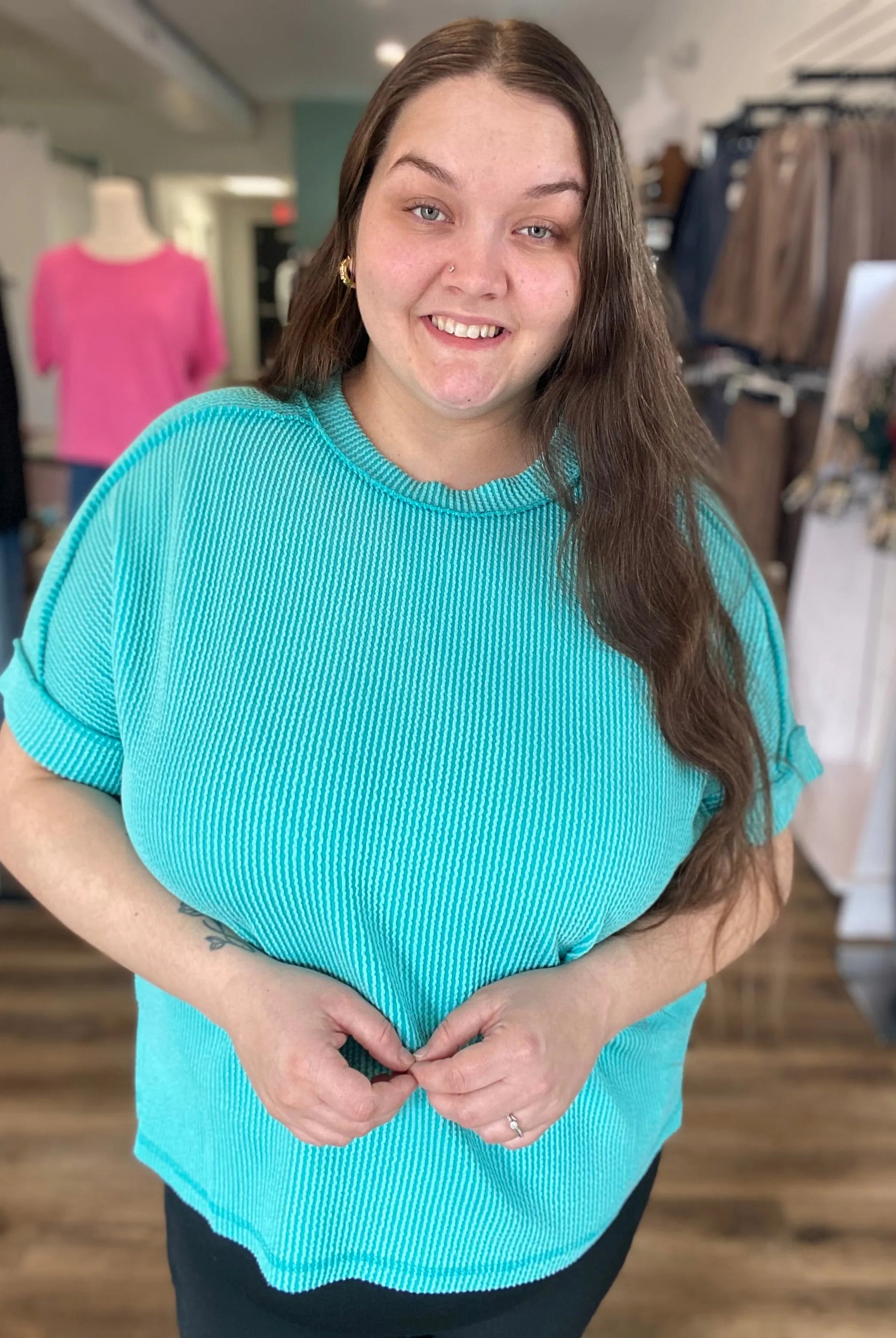 Shop Wavy Ribbed Cuff Sleeve Top - Turquoise- at Ruby Joy Boutique, a Women's Clothing Store in Pickerington, Ohio