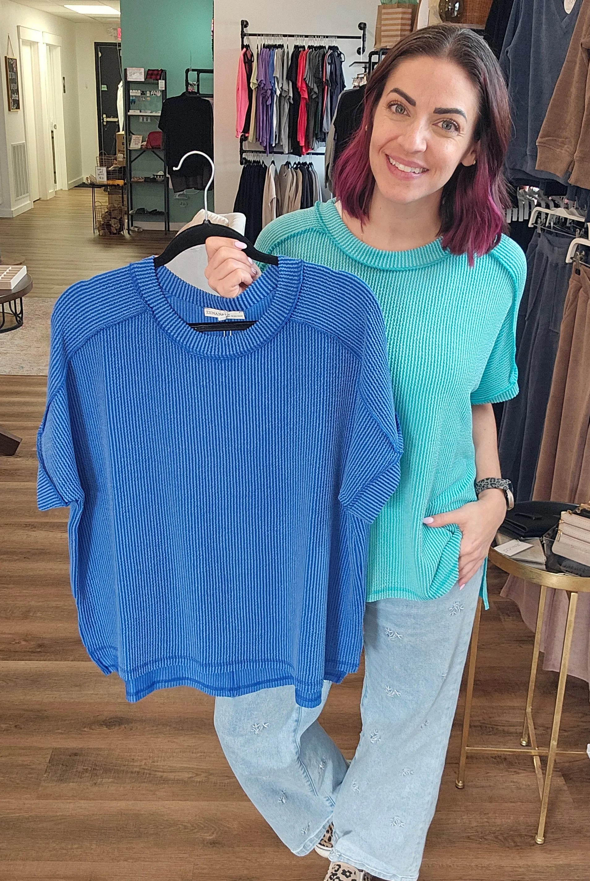 Shop Wavy Ribbed Cuff Sleeve Top - Turquoise- at Ruby Joy Boutique, a Women's Clothing Store in Pickerington, Ohio