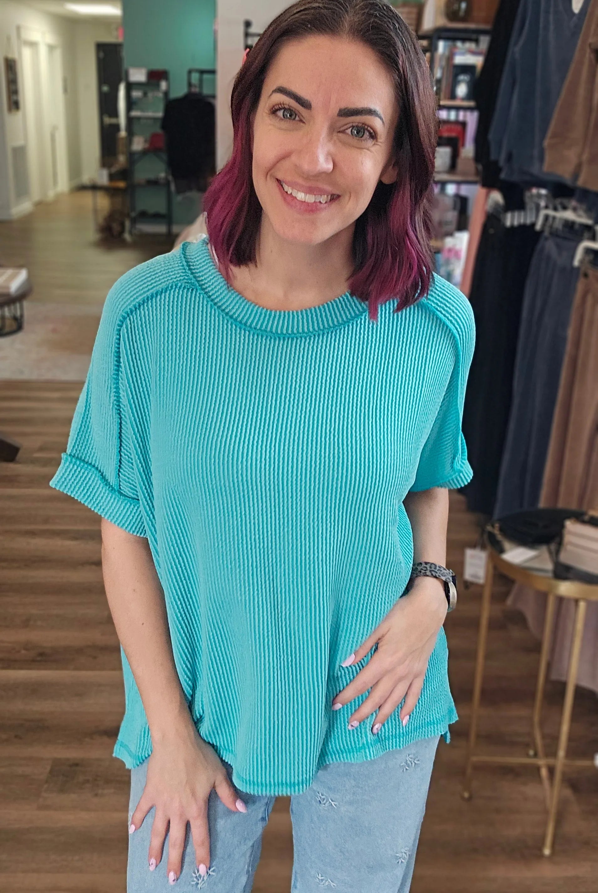 Shop Wavy Ribbed Cuff Sleeve Top - Turquoise-S/M at Ruby Joy Boutique, a Women's Clothing Store in Pickerington, Ohio