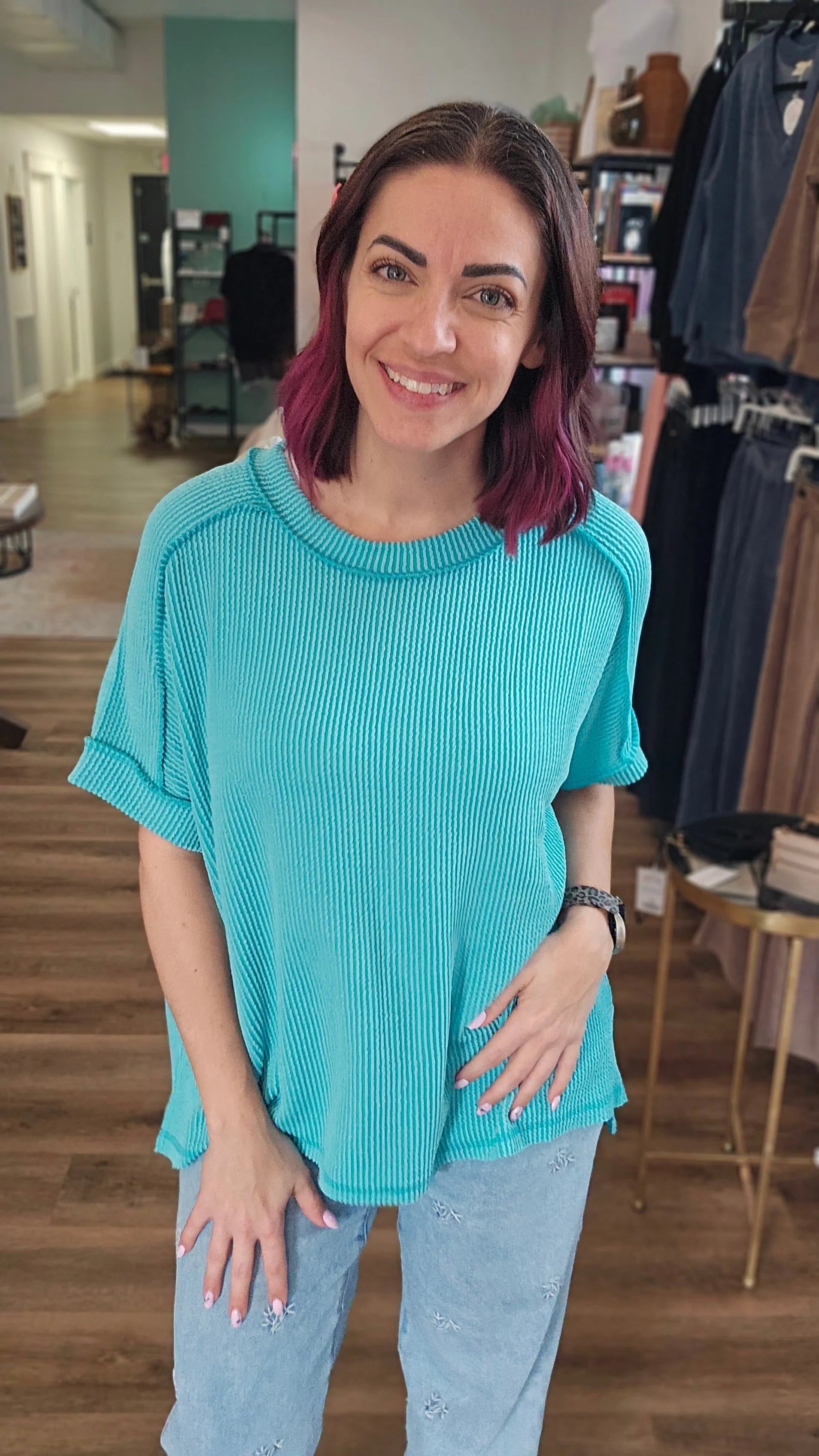 Shop Wavy Ribbed Cuff Sleeve Top - Turquoise-S/M at Ruby Joy Boutique, a Women's Clothing Store in Pickerington, Ohio