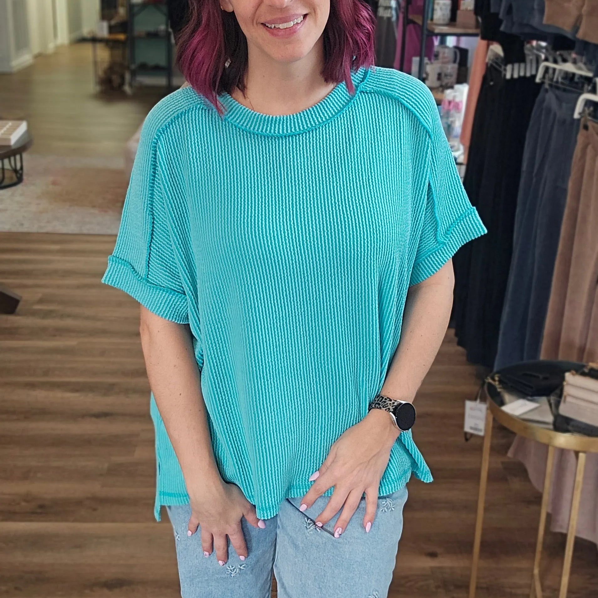 Shop Wavy Ribbed Cuff Sleeve Top - Turquoise- at Ruby Joy Boutique, a Women's Clothing Store in Pickerington, Ohio