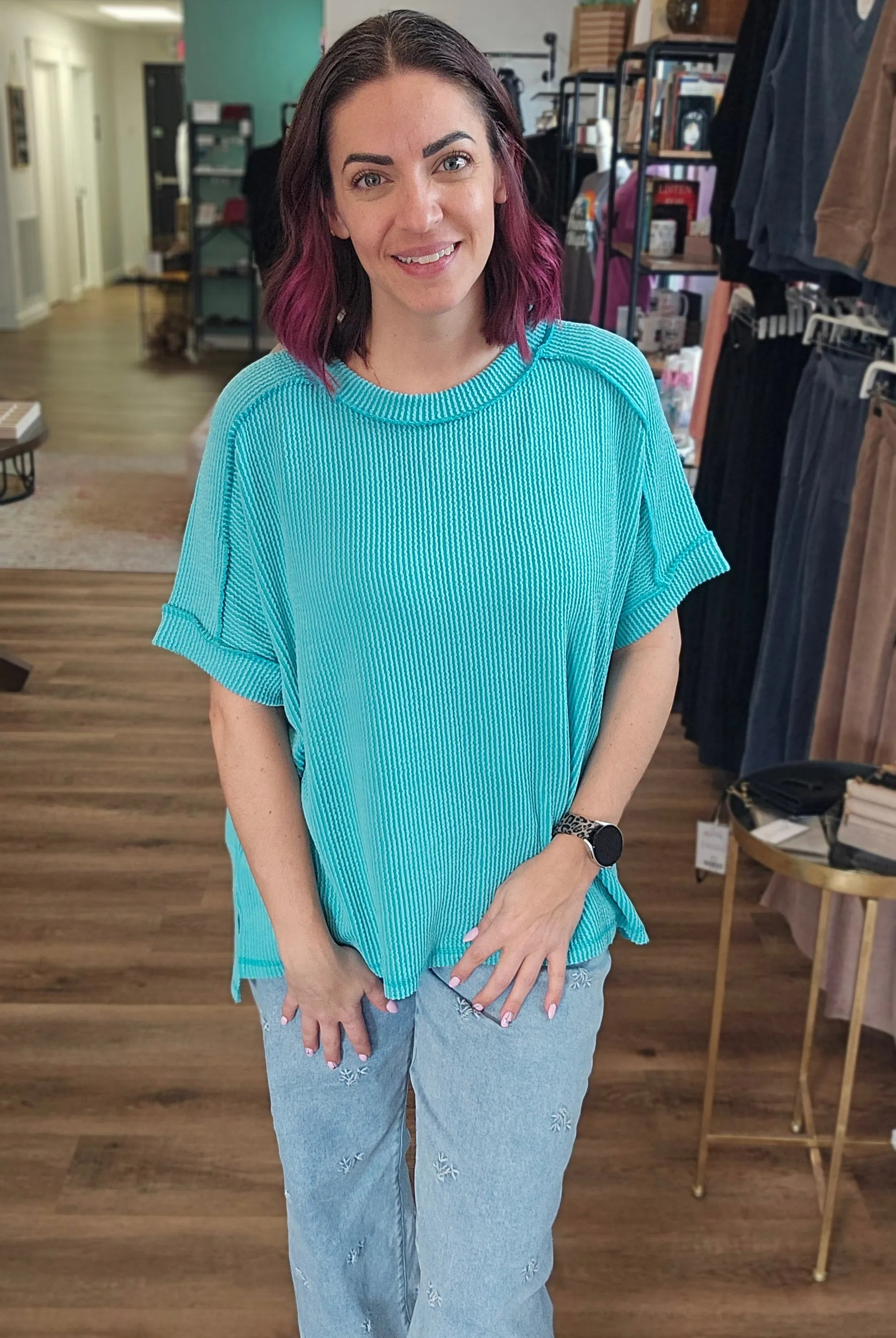 Shop Wavy Ribbed Cuff Sleeve Top - Turquoise- at Ruby Joy Boutique, a Women's Clothing Store in Pickerington, Ohio