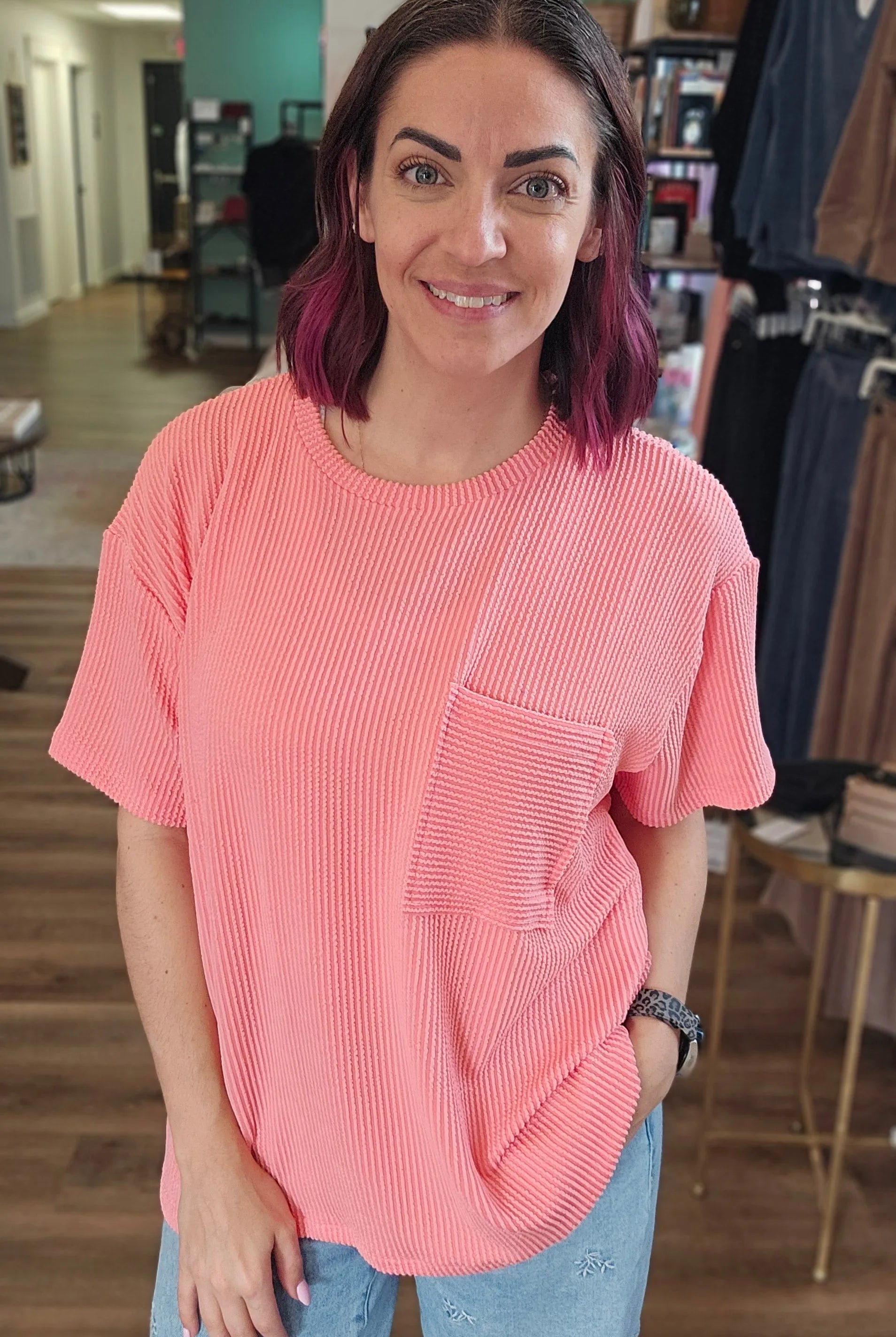 Shop Wavy Ribbed Short Sleeve Pocket Top - Coral- at Ruby Joy Boutique, a Women's Clothing Store in Pickerington, Ohio