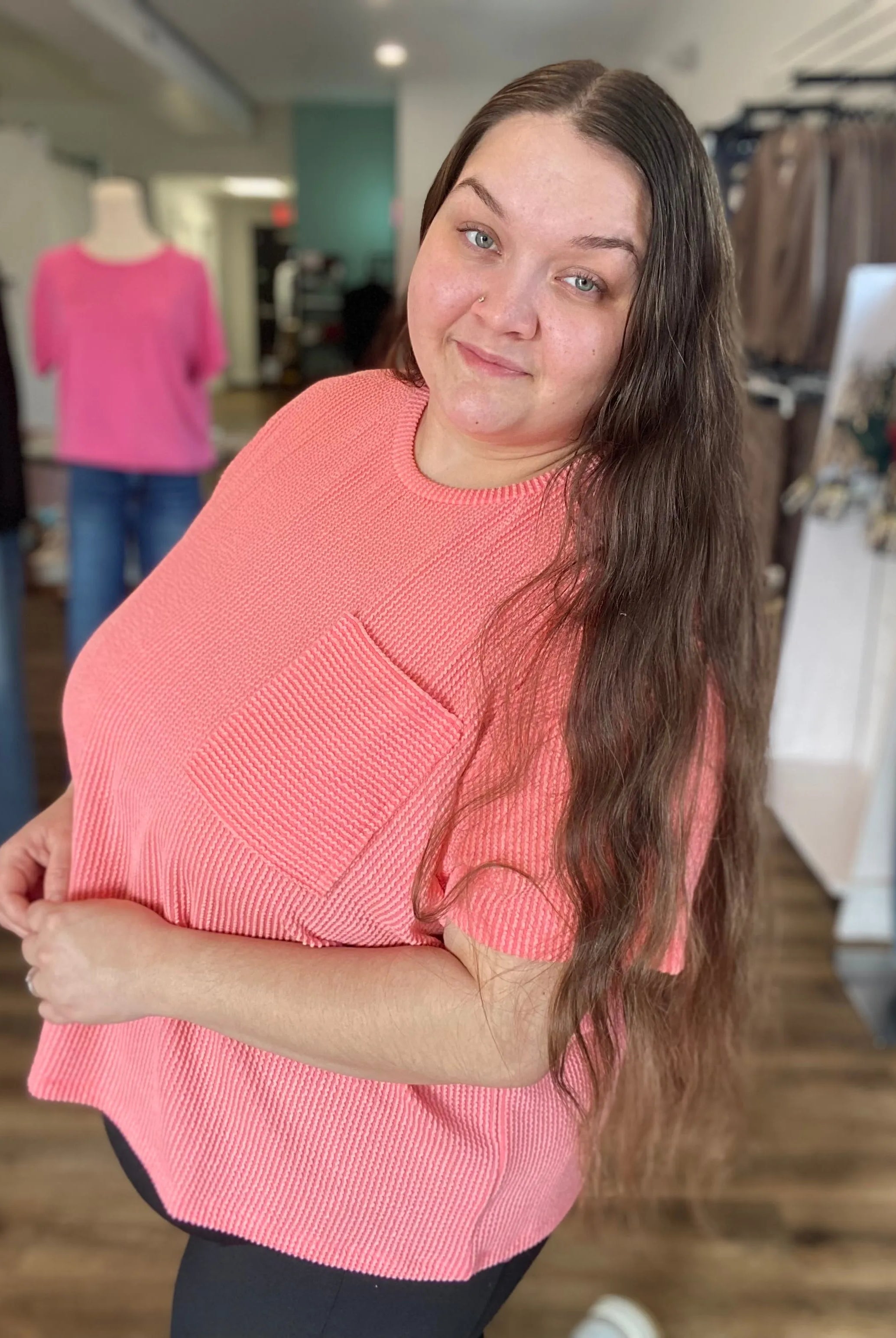 Shop Wavy Ribbed Short Sleeve Pocket Top - Coral- at Ruby Joy Boutique, a Women's Clothing Store in Pickerington, Ohio