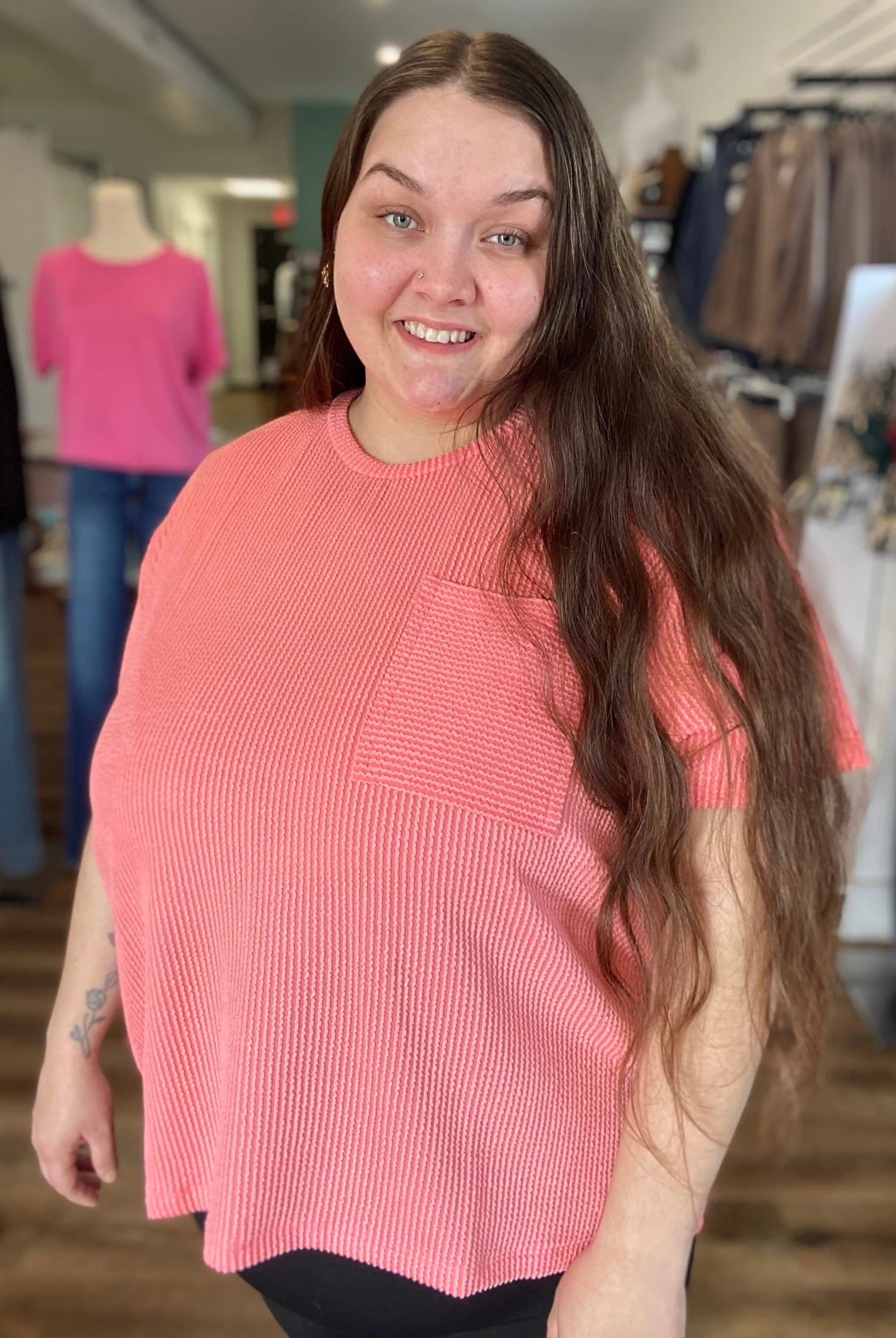 Shop Wavy Ribbed Short Sleeve Pocket Top - Coral- at Ruby Joy Boutique, a Women's Clothing Store in Pickerington, Ohio